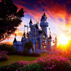 Fairytale castle surrounded by blooming flowers at sunset