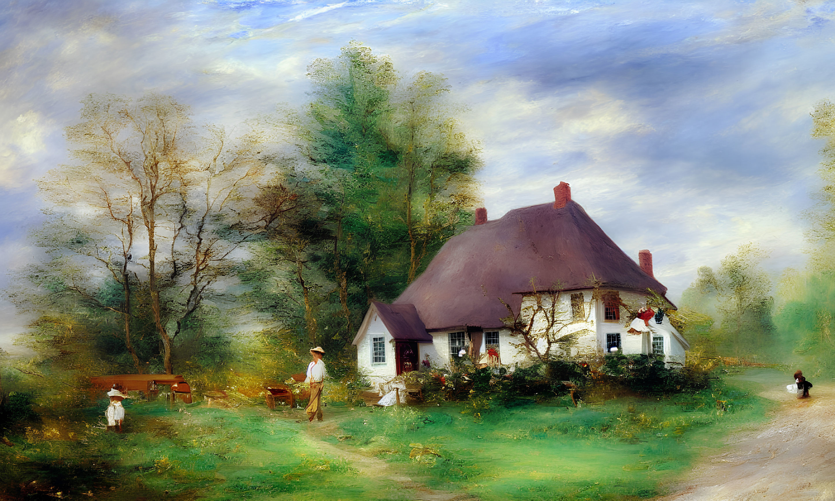 Rural landscape with thatched cottage, trees, and people in activities