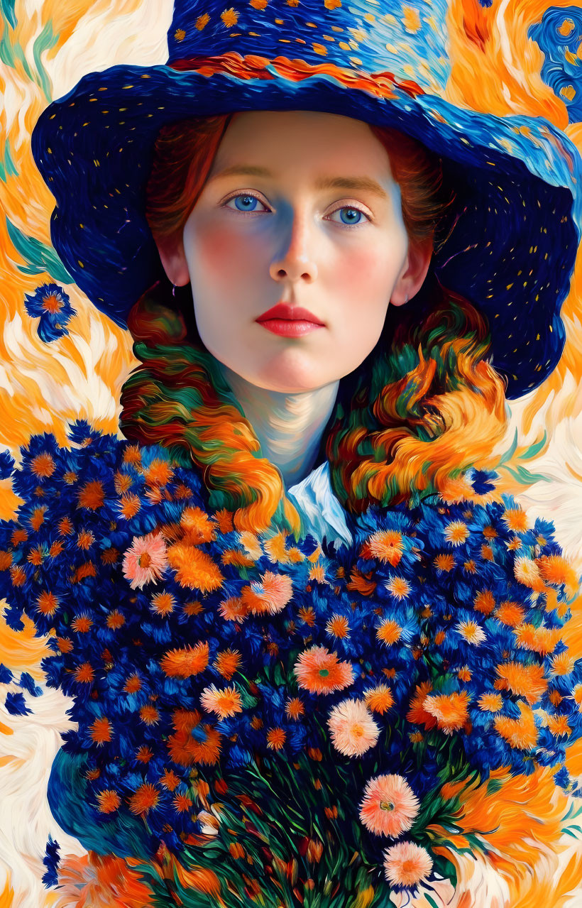 Colorful digital painting of woman with red hair and blue hat among orange and white flowers