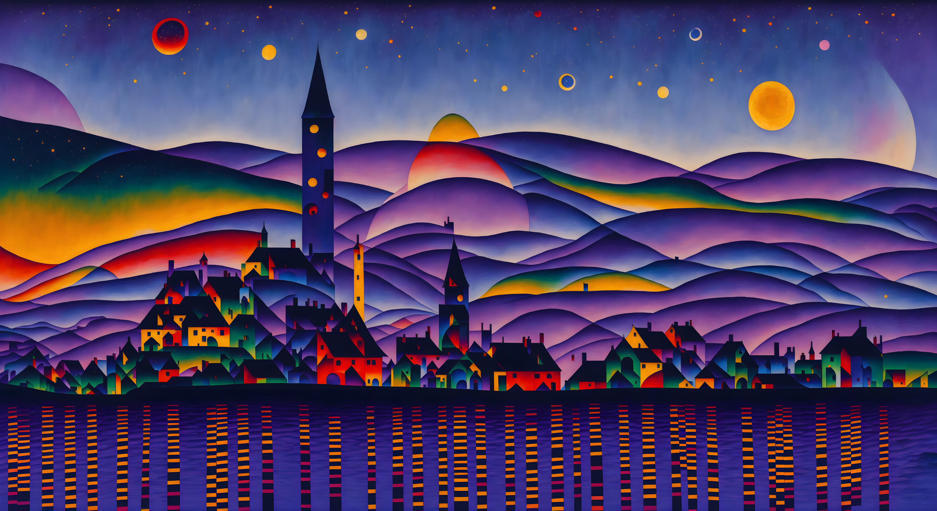 Colorful village painting with tower, hills, and multiple moons under starry sky.