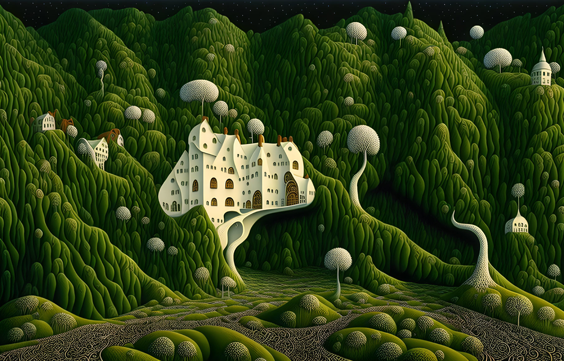 White house in fantasy green landscape