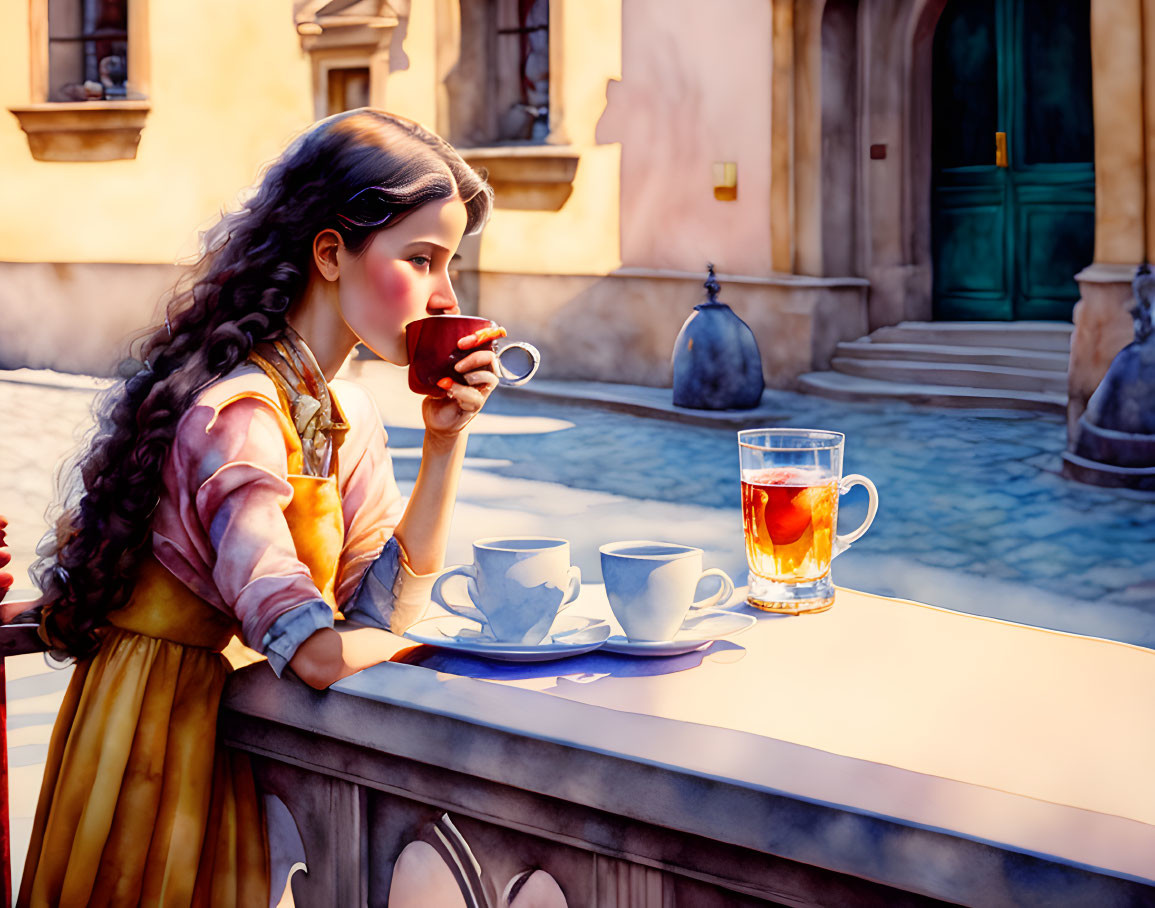 Young girl drinking coffee, watercolour