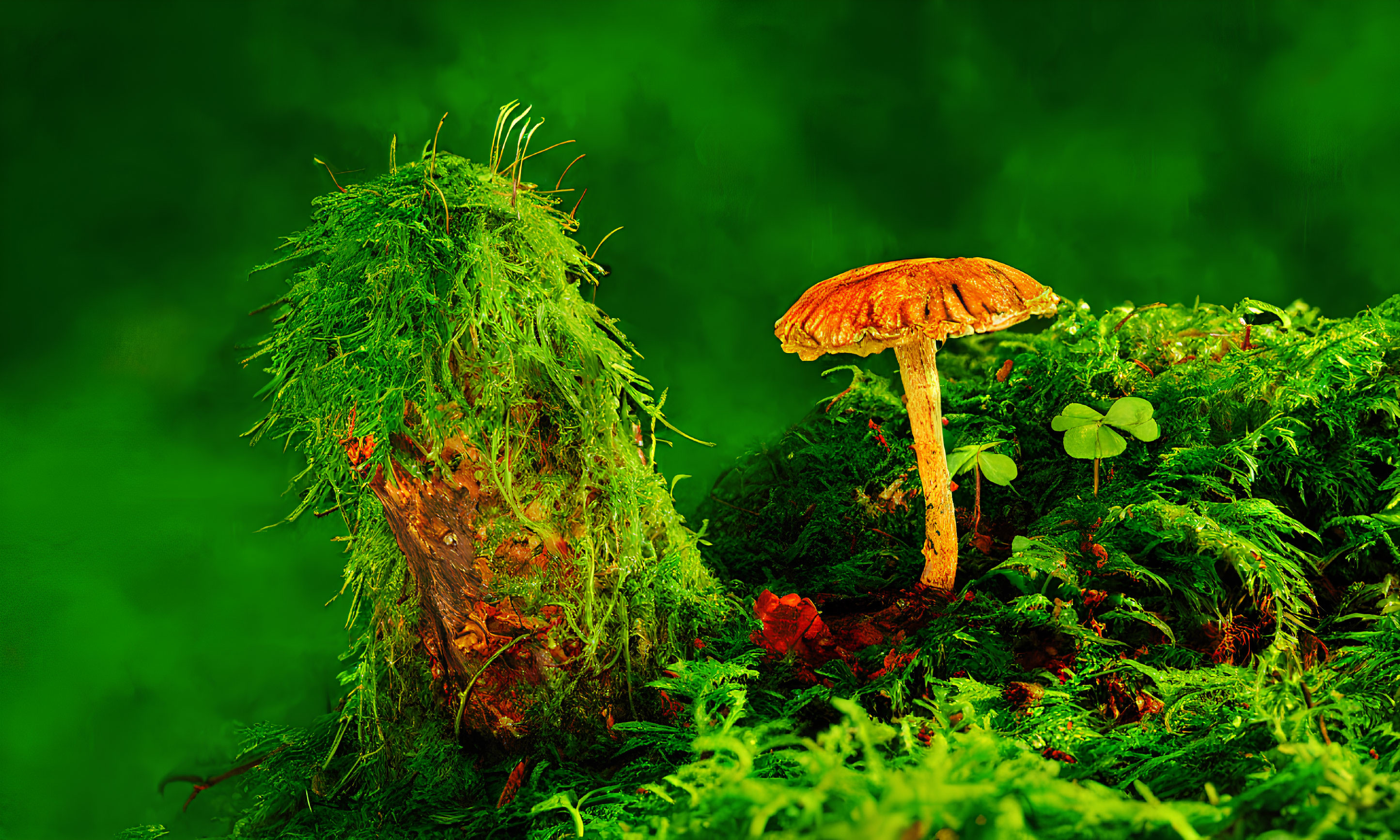 Colorful mushroom in lush green moss with rich foliage backdrop and clover-like plant