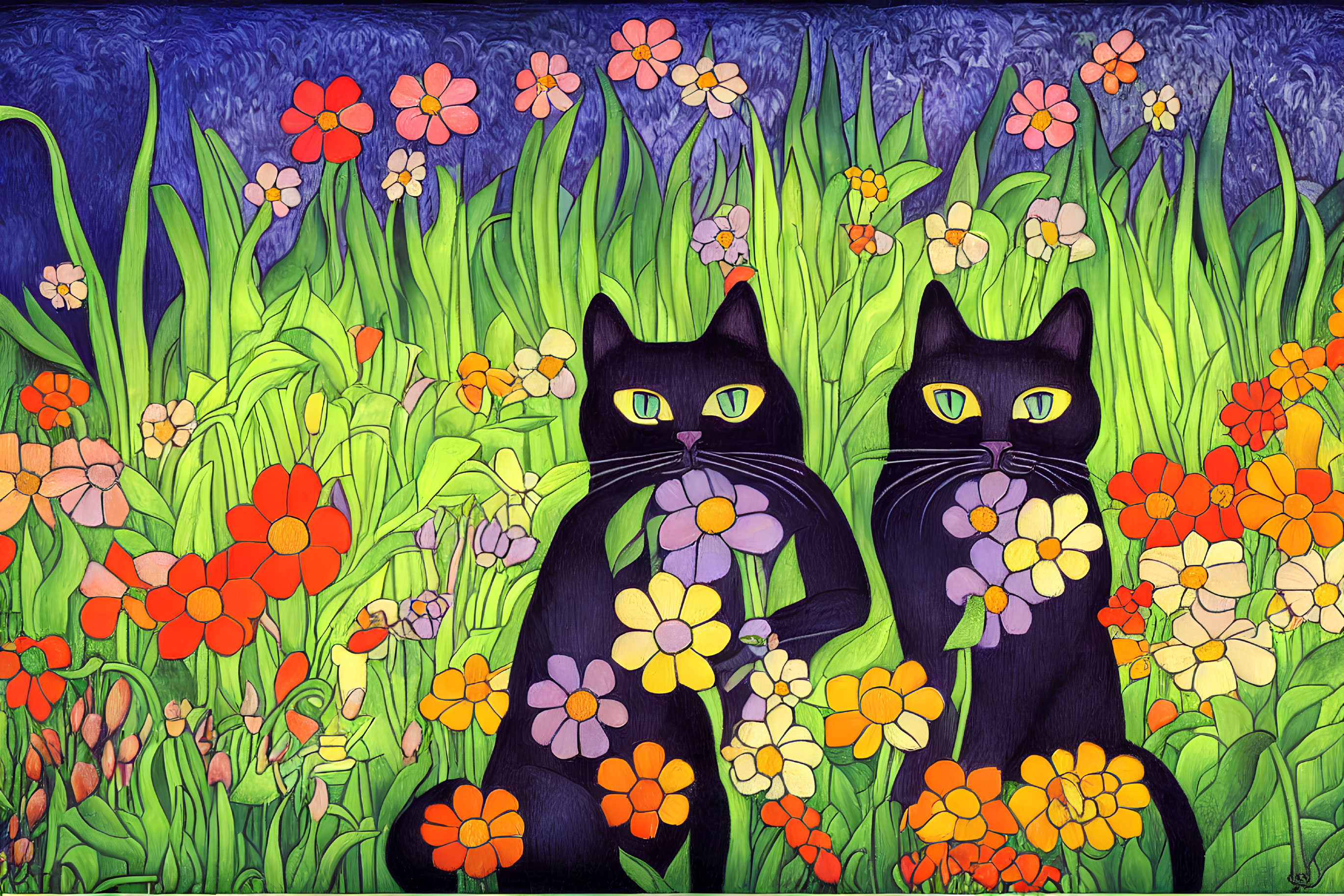 Two black cats in colorful flower field under textured blue sky
