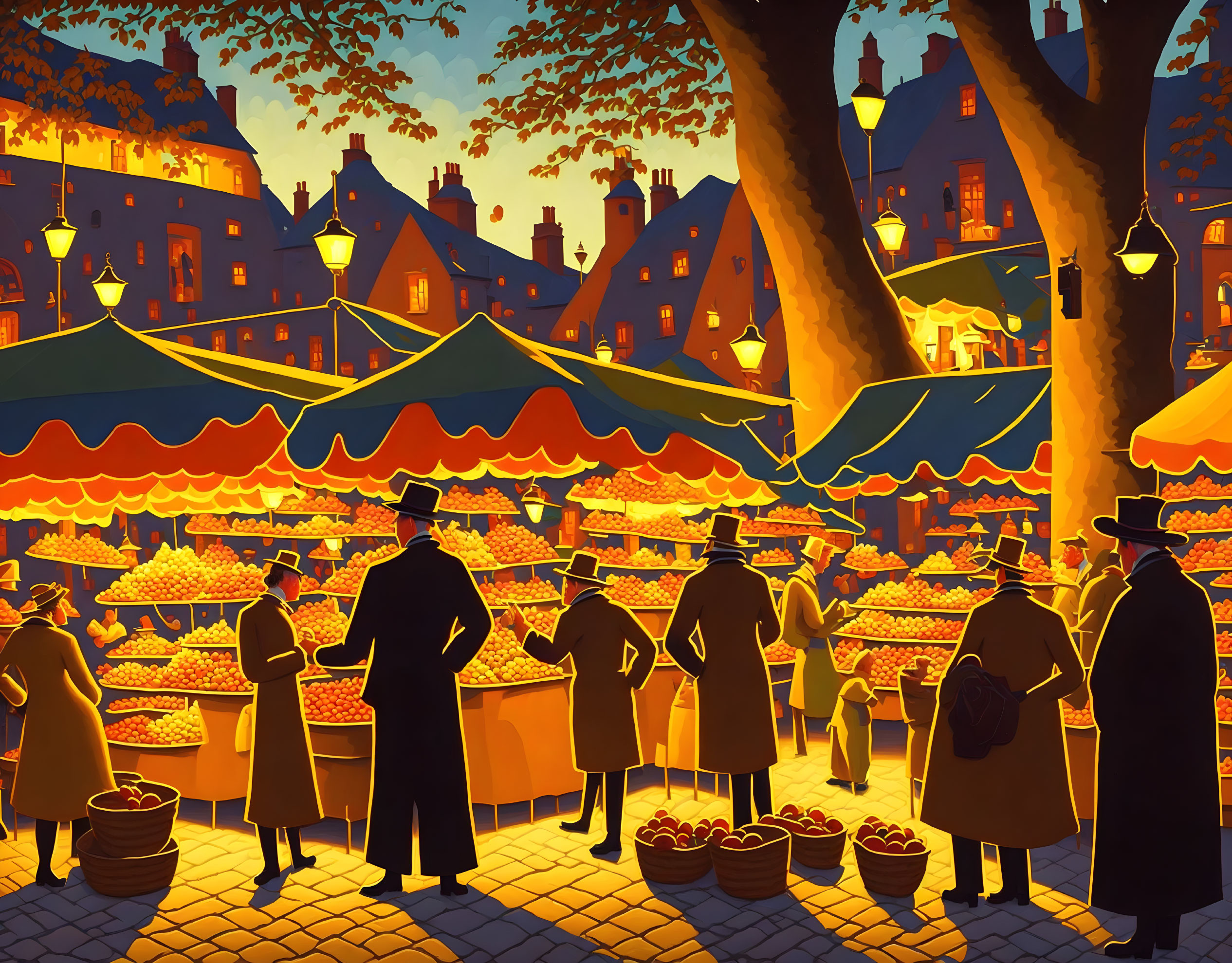 Vibrant outdoor market at dusk with patrons browsing fruit stalls under streetlamps.