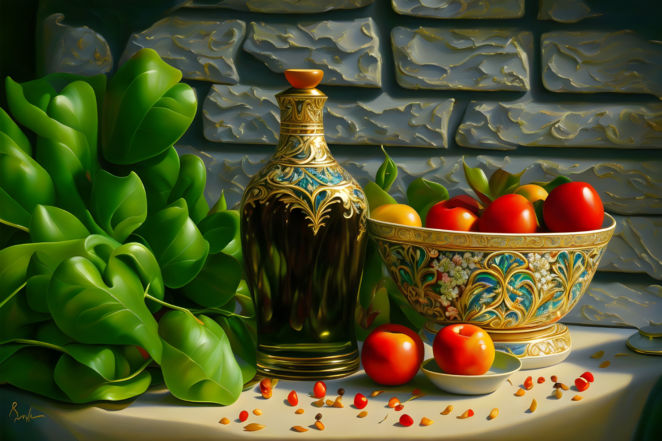 Still life with Olive Oil and Vegetables