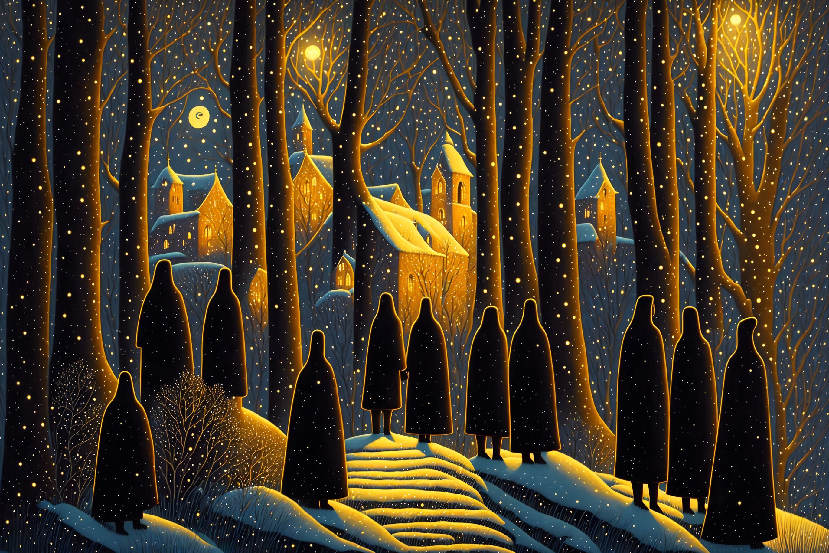 Robed Figures in Snowy Forest with Illuminated Houses at Night
