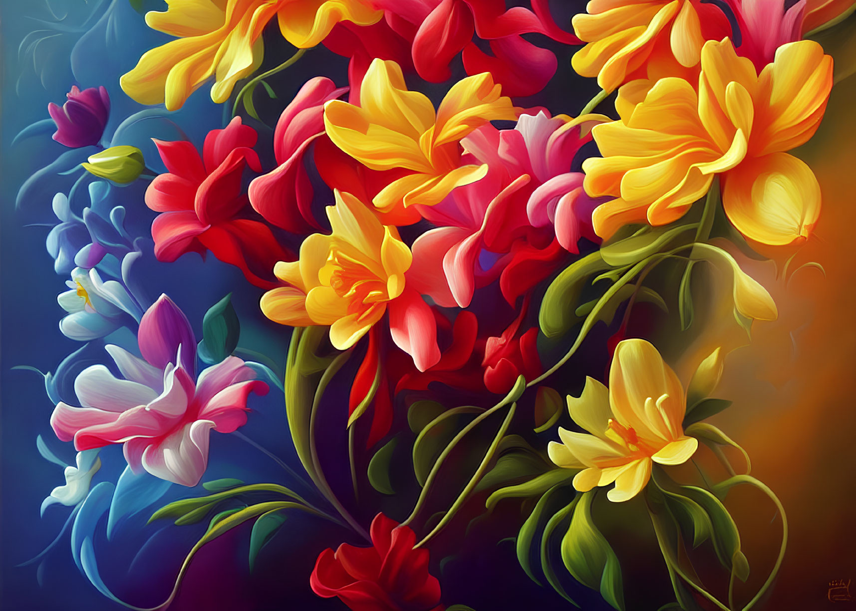 Colorful digital painting of assorted flowers on soft multicolored backdrop