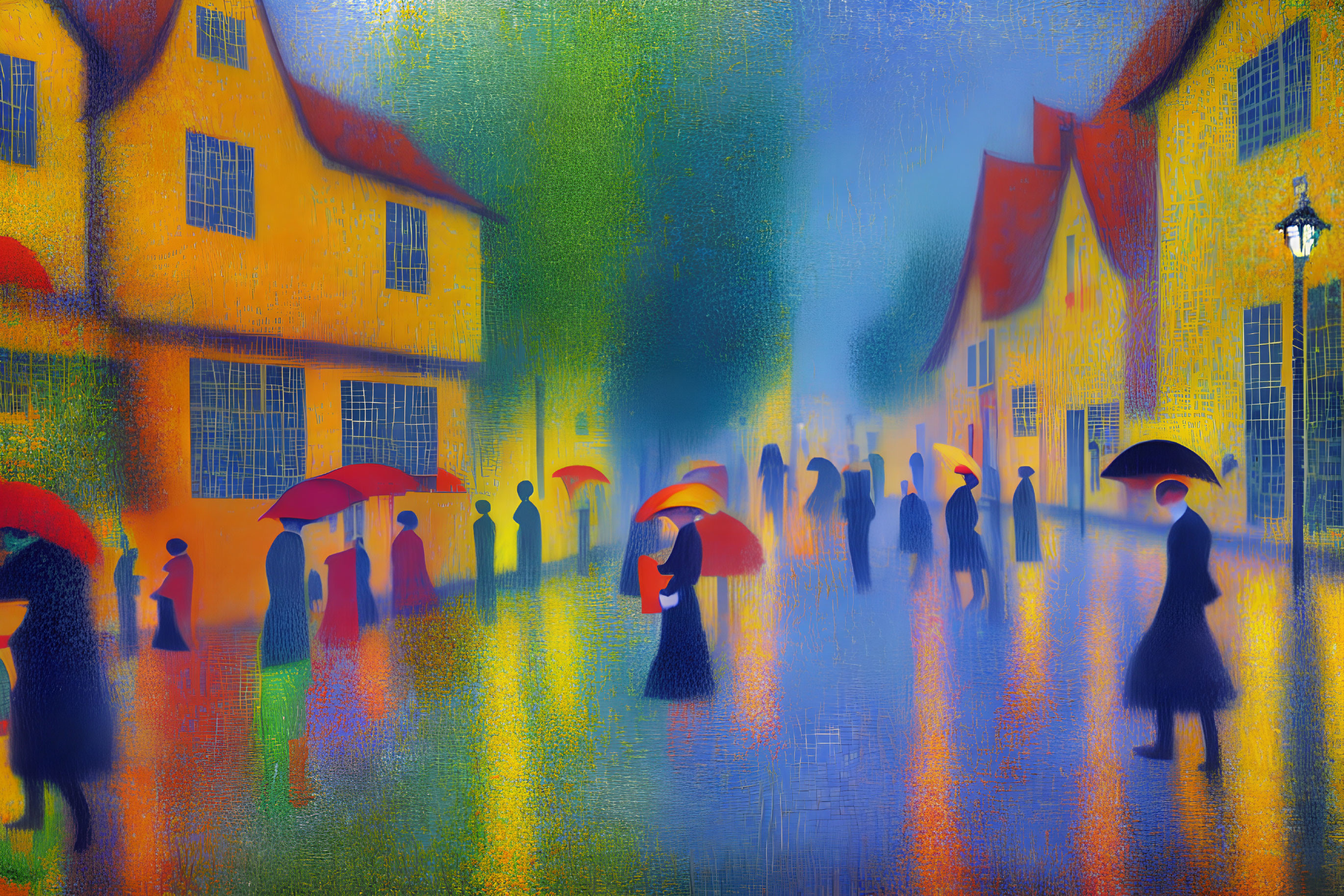 Vibrant Impressionist Painting of People with Umbrellas on Rainy Street