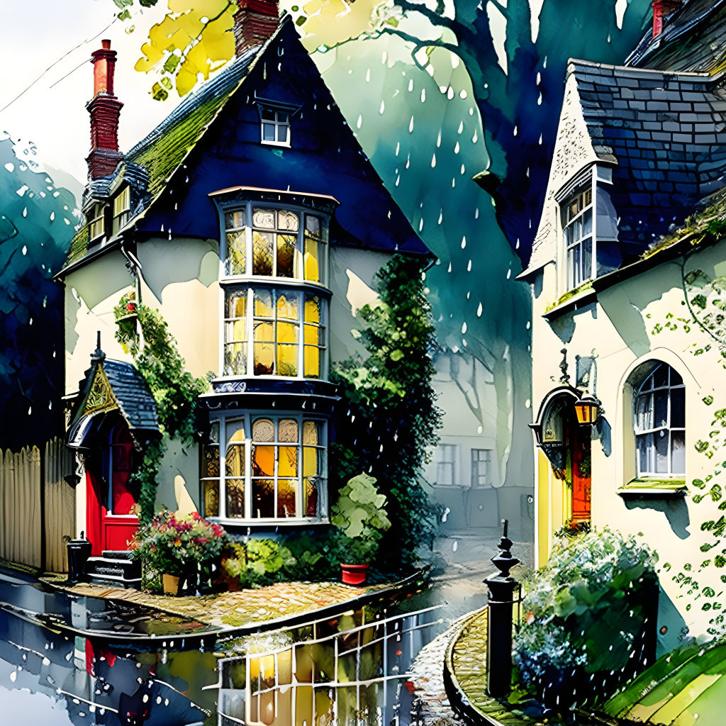 English inn in the rain, watercolour
