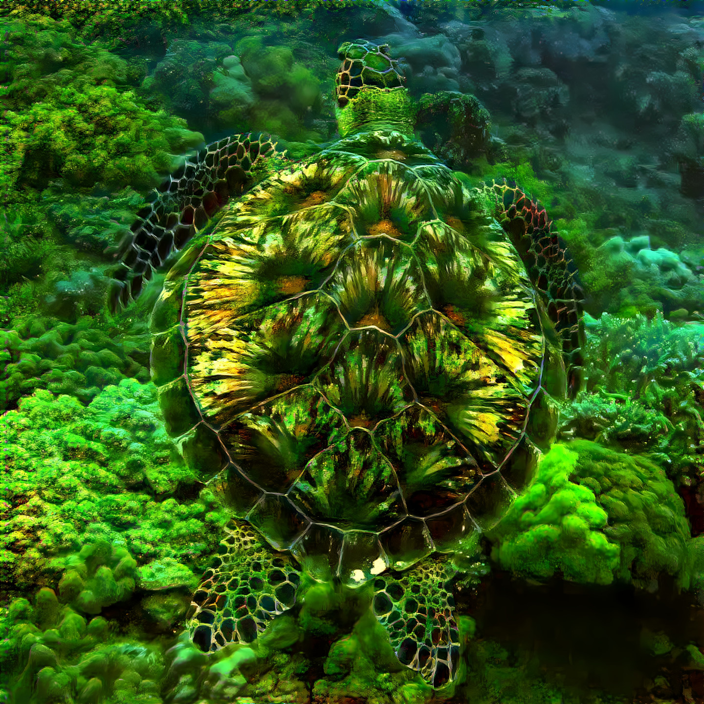 Green sea turtle with patterned shell