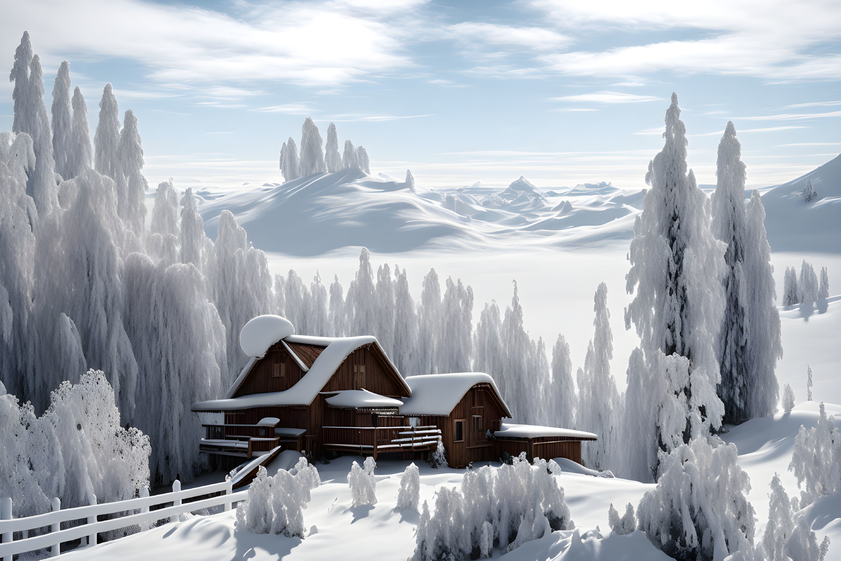 Winter scene: Snow-covered cabins, pine trees, and mountains in the snow.