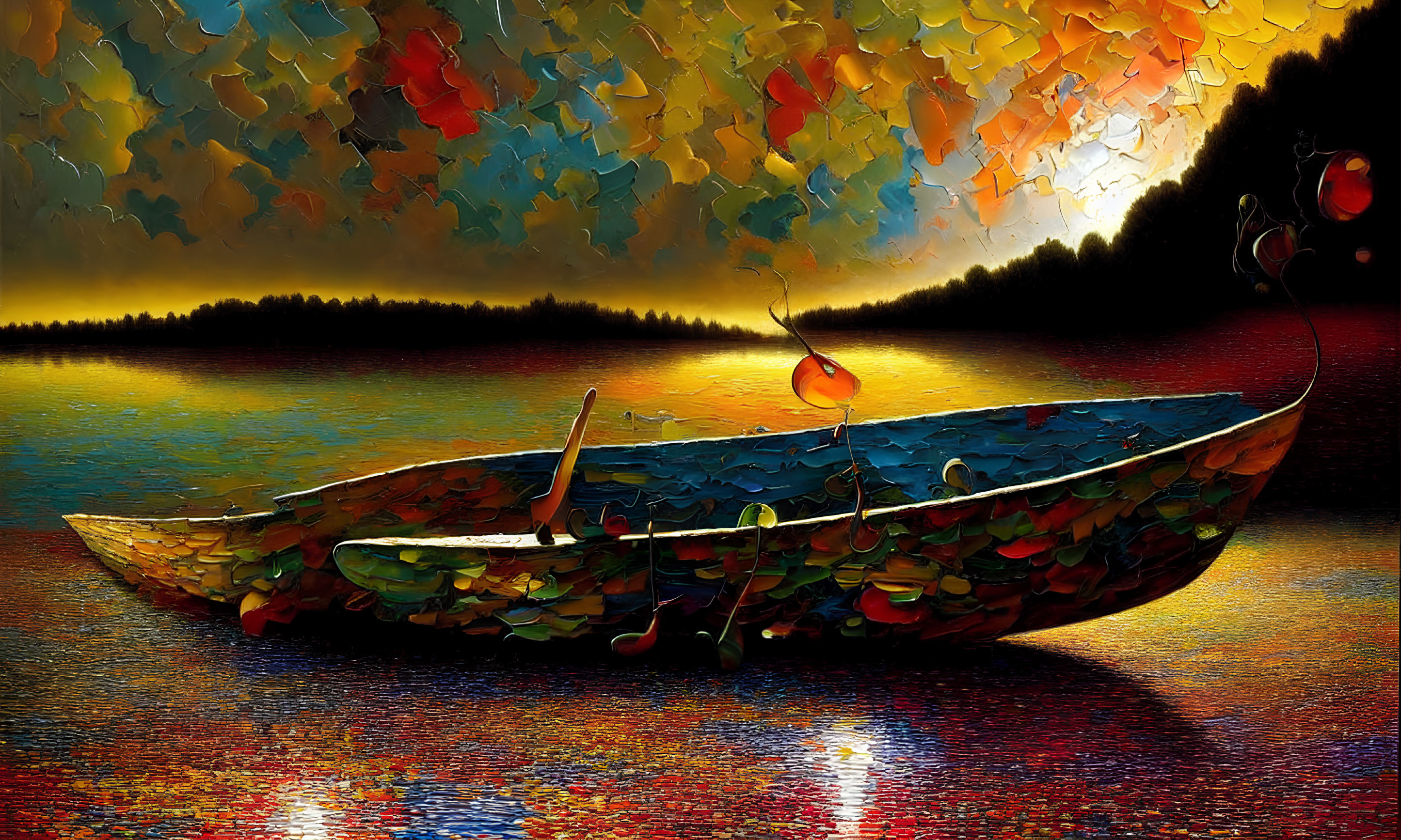 Vivid Sunset Boat Painting with Textured, Surreal Style