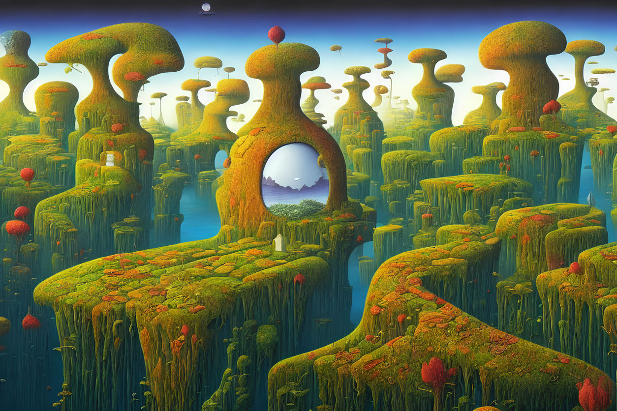 Fantastical landscape with mushroom-like trees and winding path