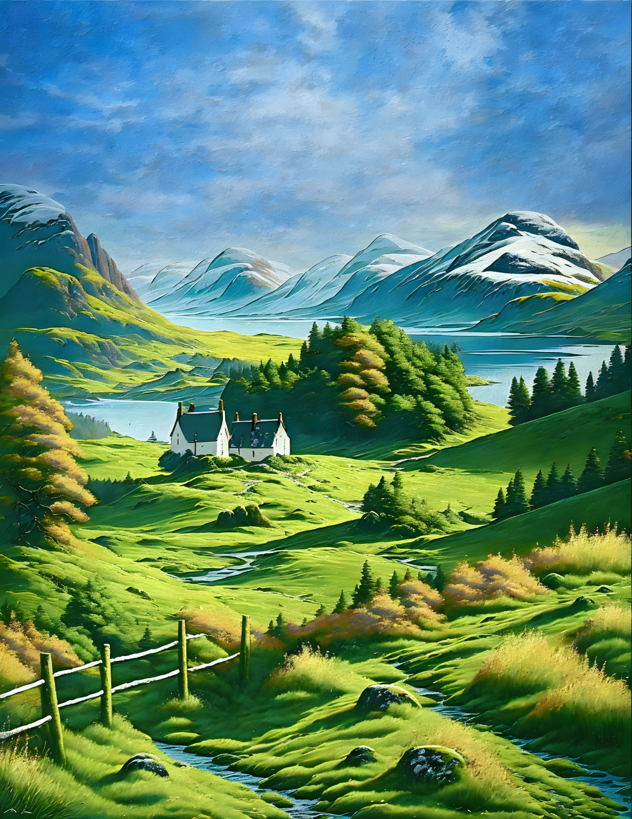 Scottish landscape in the style of Bob Ross