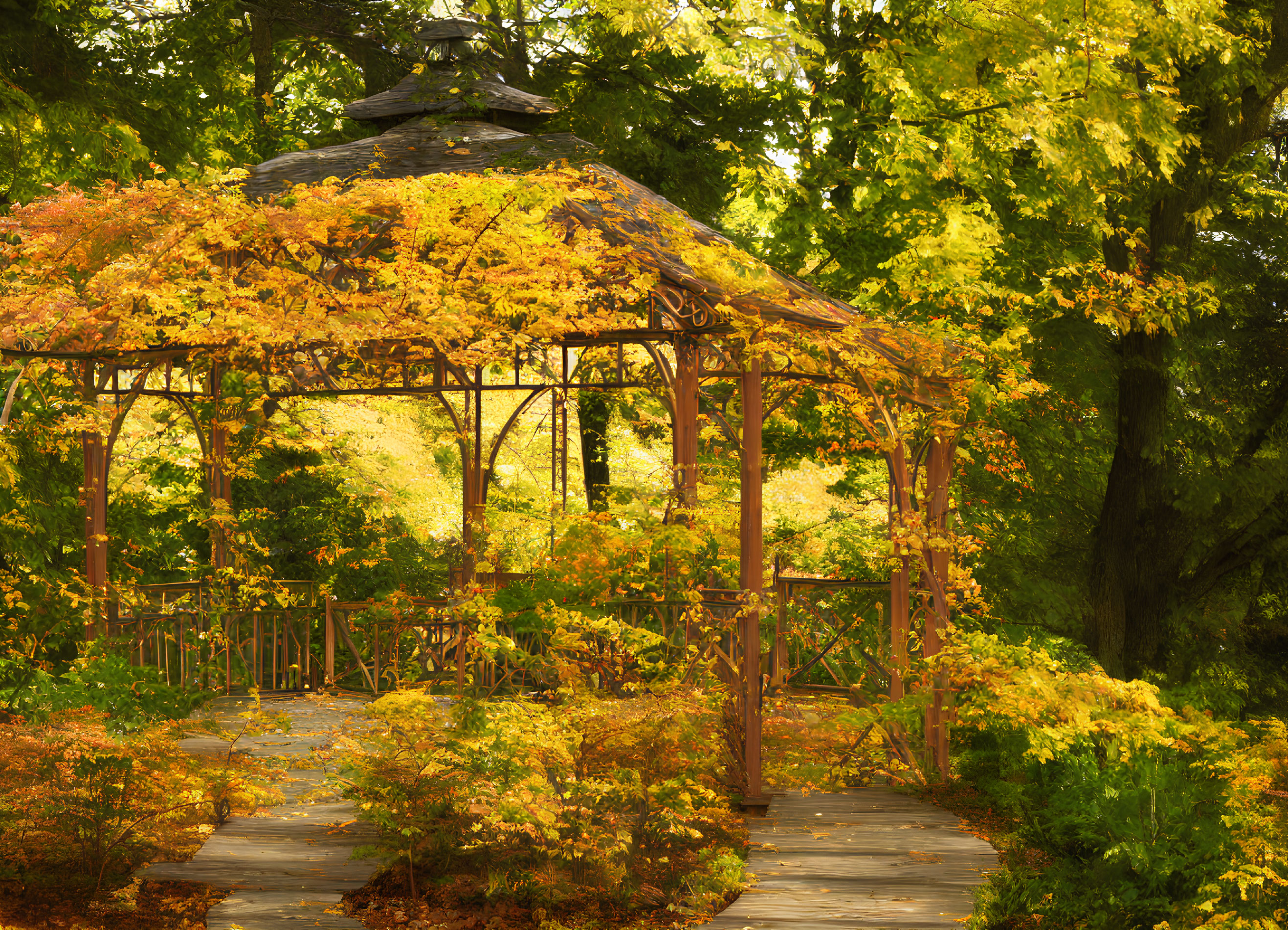 Wooden Gazebo Surrounded by Autumn Foliage and Pathway