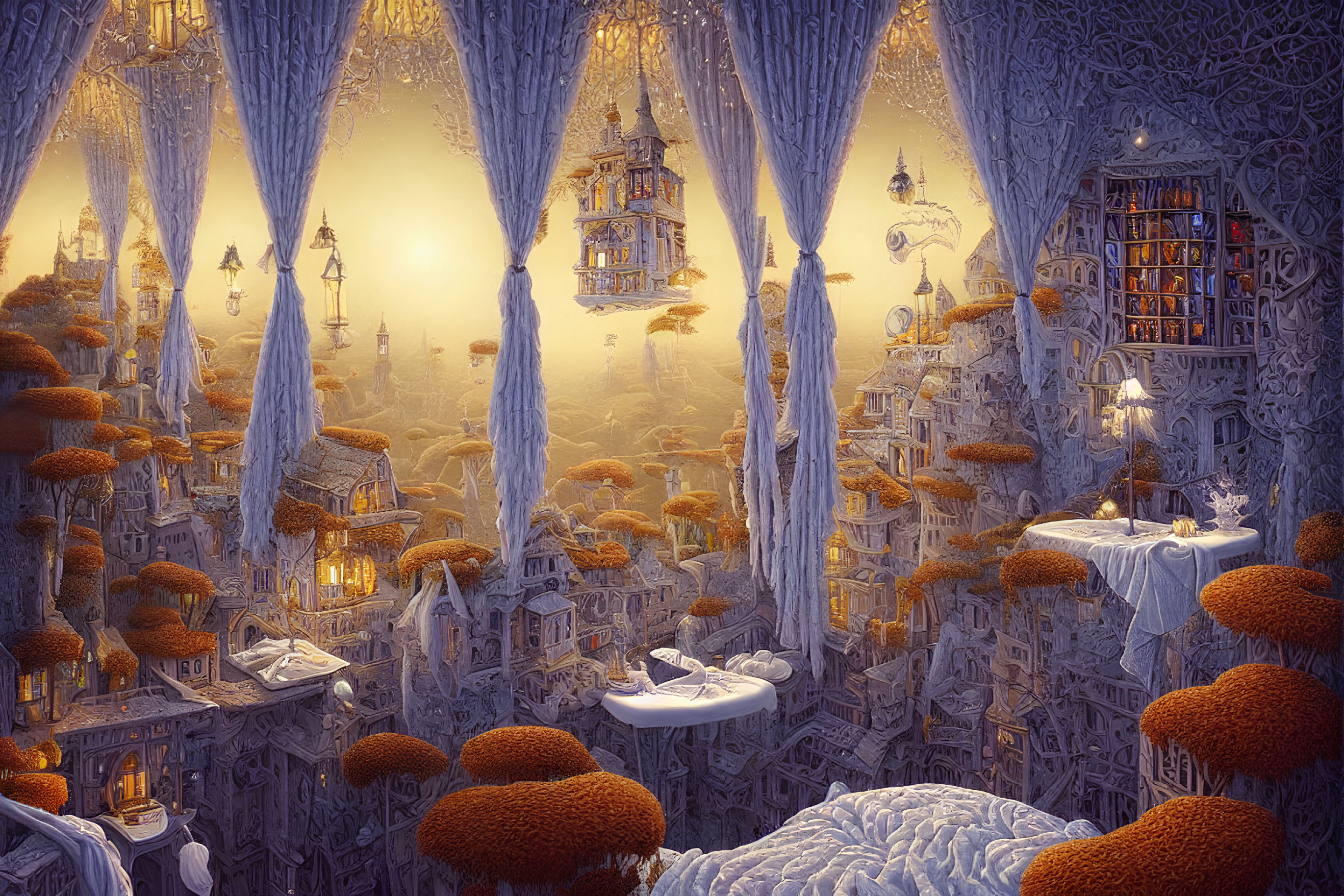 Fantasy landscape with mushroom-like trees, floating islands, detailed architecture, glowing lights, and intricate patterns