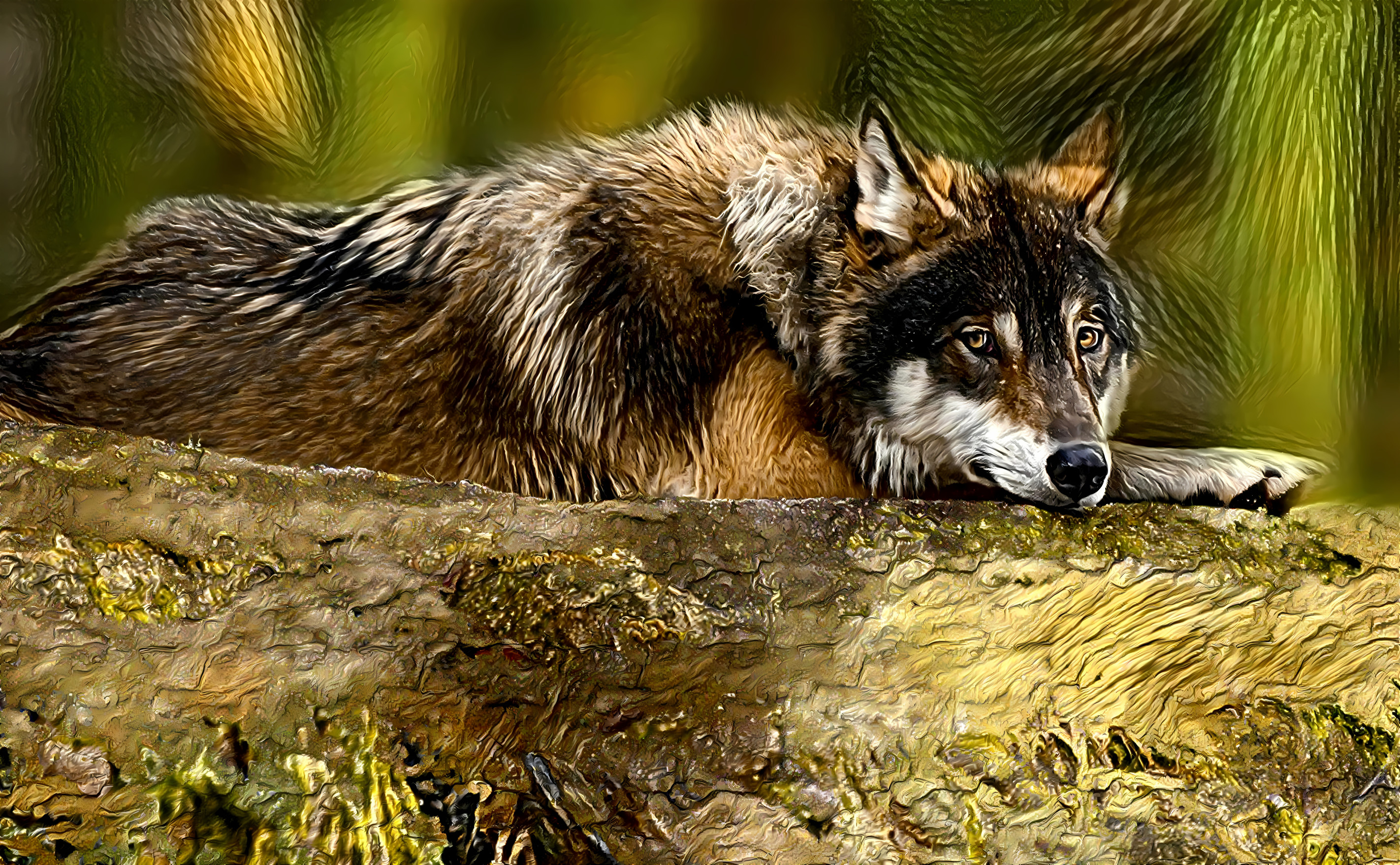 Wolf resting on a fallen tree trunk
