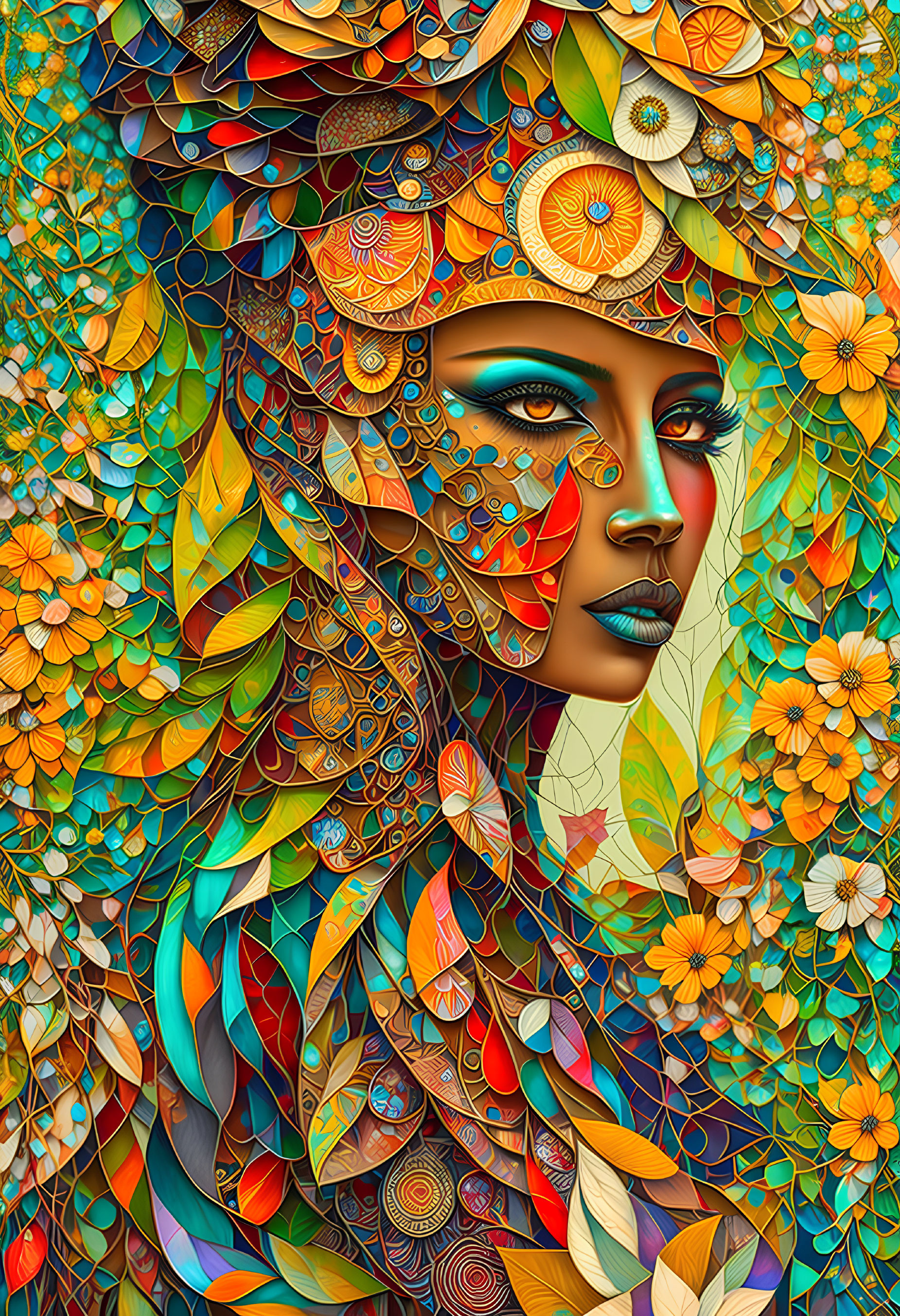 Colorful Woman Illustration with Floral and Geometric Patterns in Autumn Theme