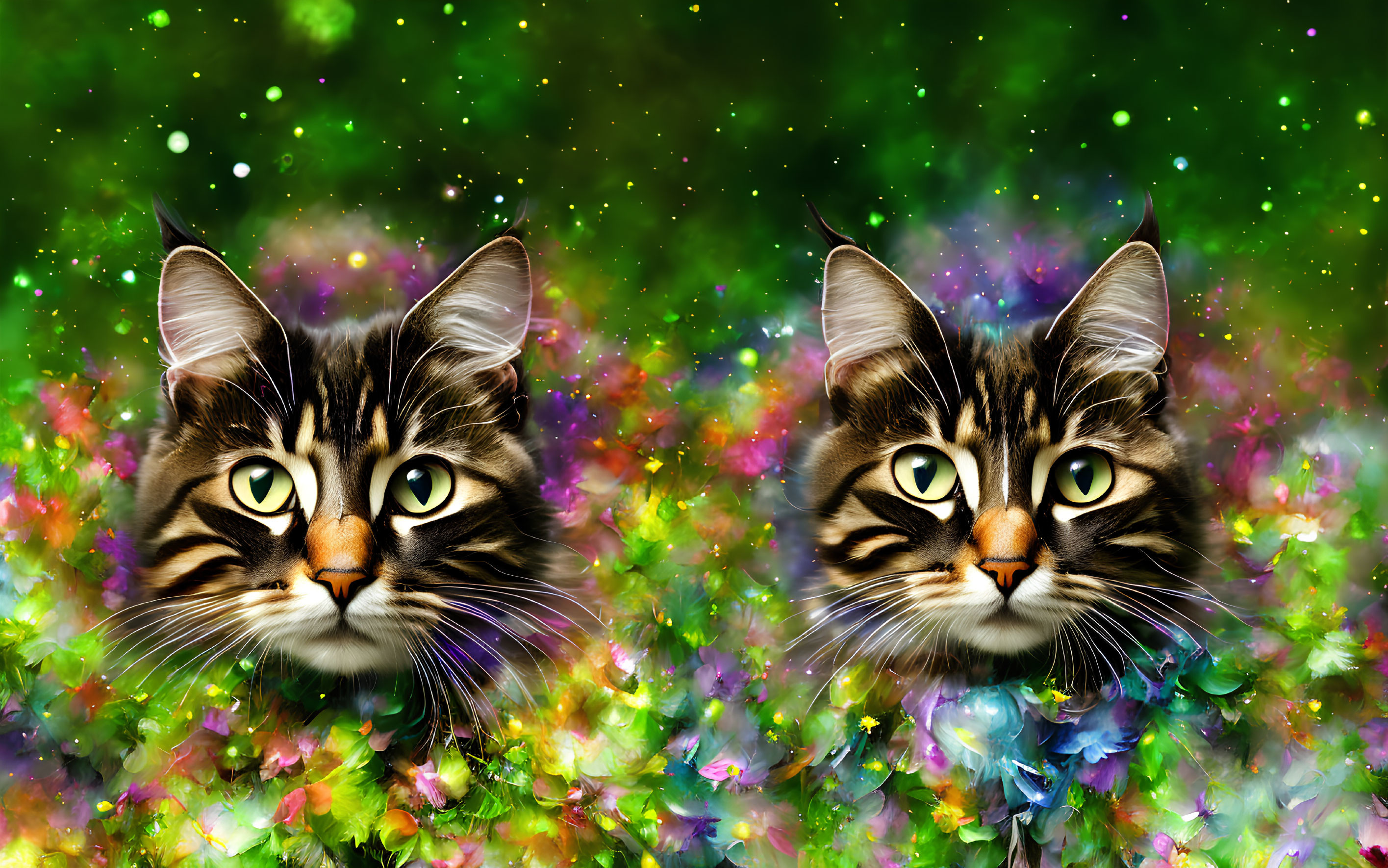 Identical tabby cats in colorful floral background with green overlay