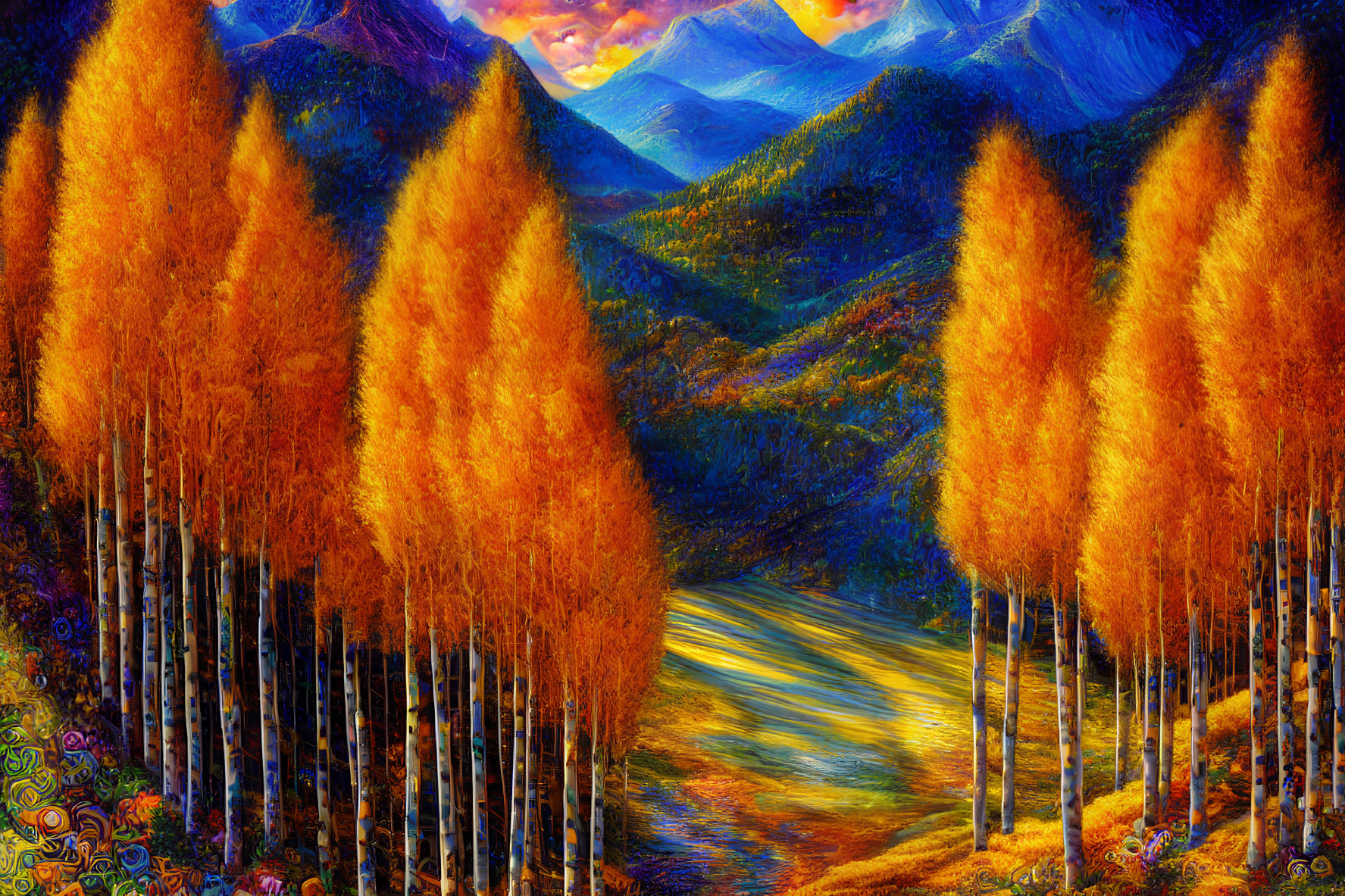Scenic autumn landscape with golden foliage, thin trees, underbrush, and distant mountains at sunset.