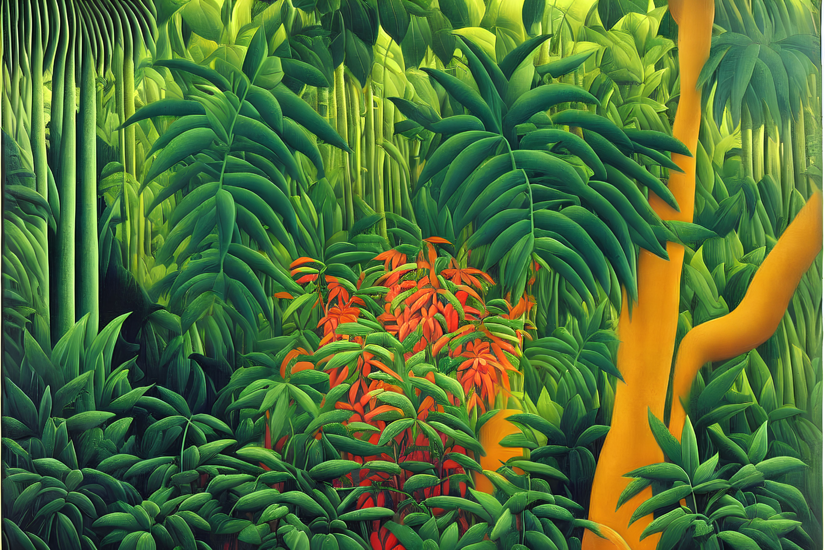 Lush Jungle Landscape with Green Foliage and Red-Orange Flowers