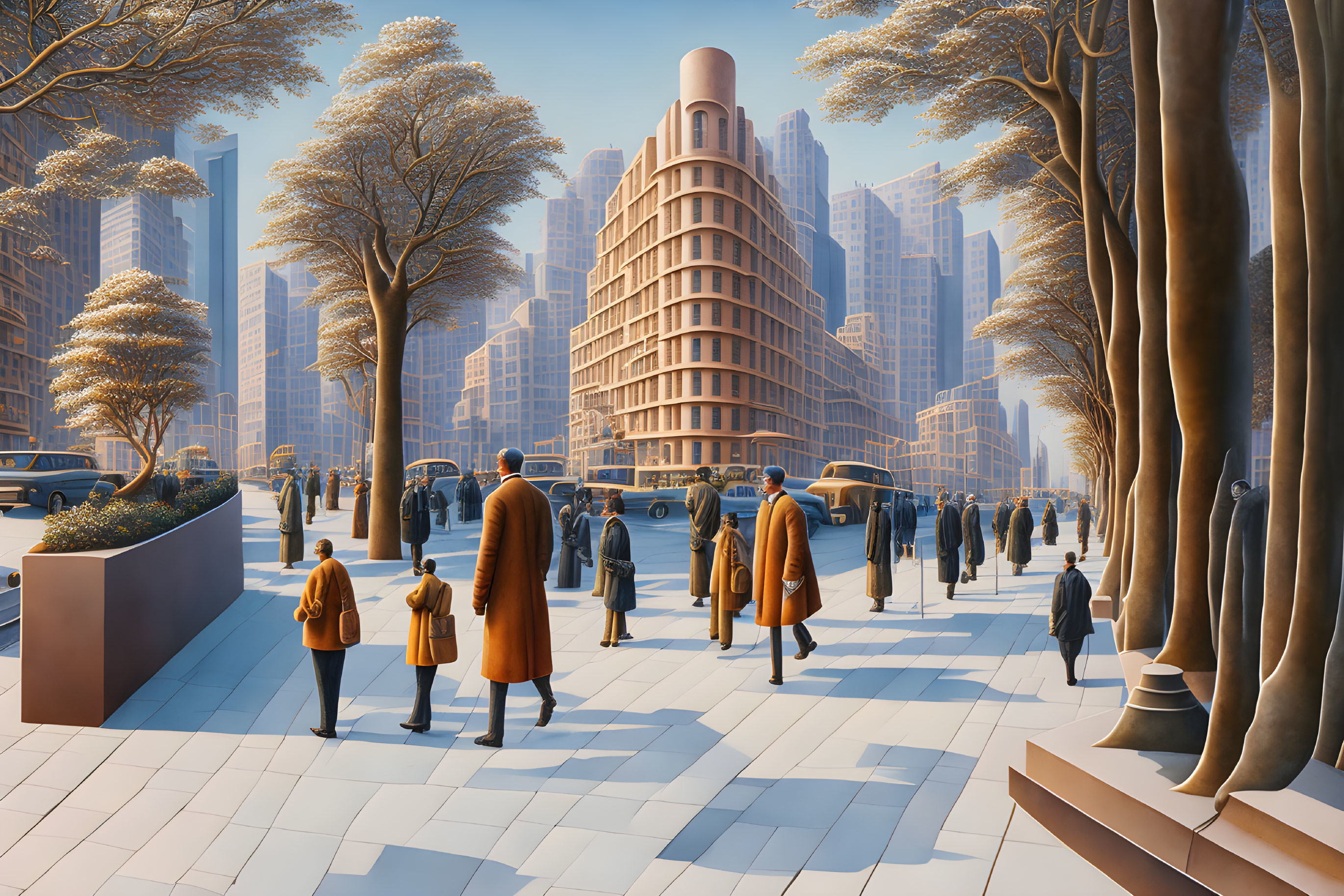 People in a futuristic American city