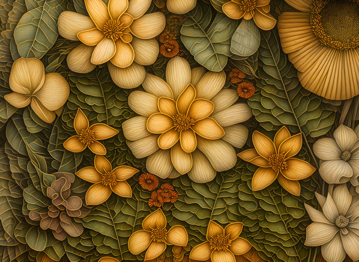 Vibrant yellow and green flower illustration with intricate textures and patterns