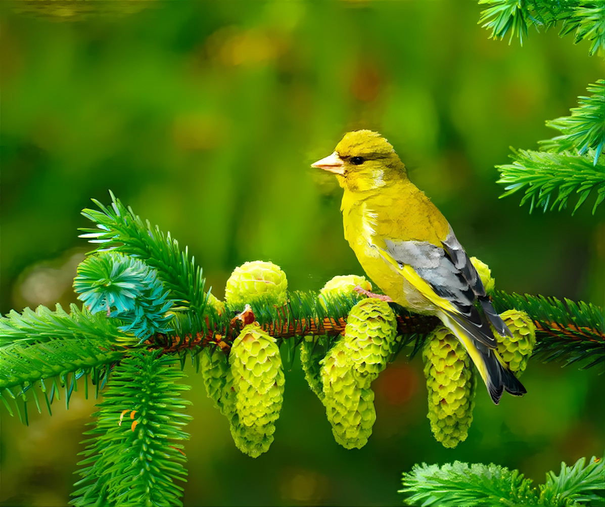 Yellow bird with cones