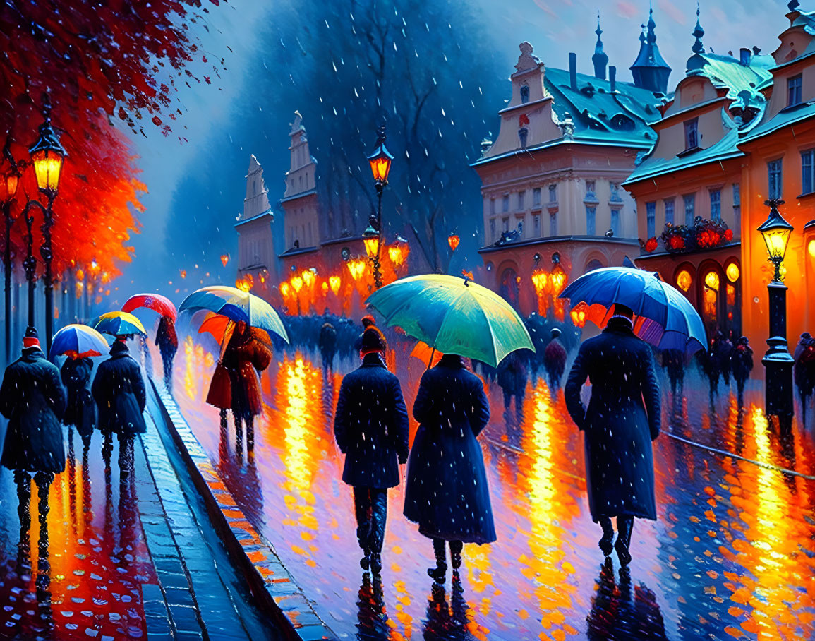 People with umbrellas in Prague