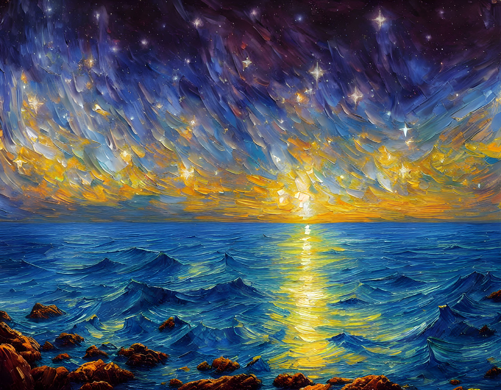 Colorful seascape oil painting with starry sky and sunbeam reflection