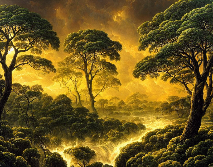 Ethereal forest with golden light, mist, and waterfall
