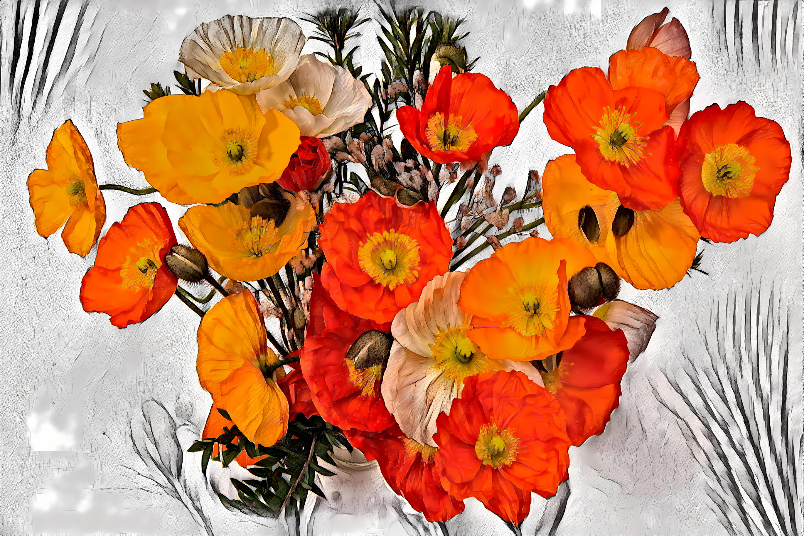 Arrangement of red and orange poppies