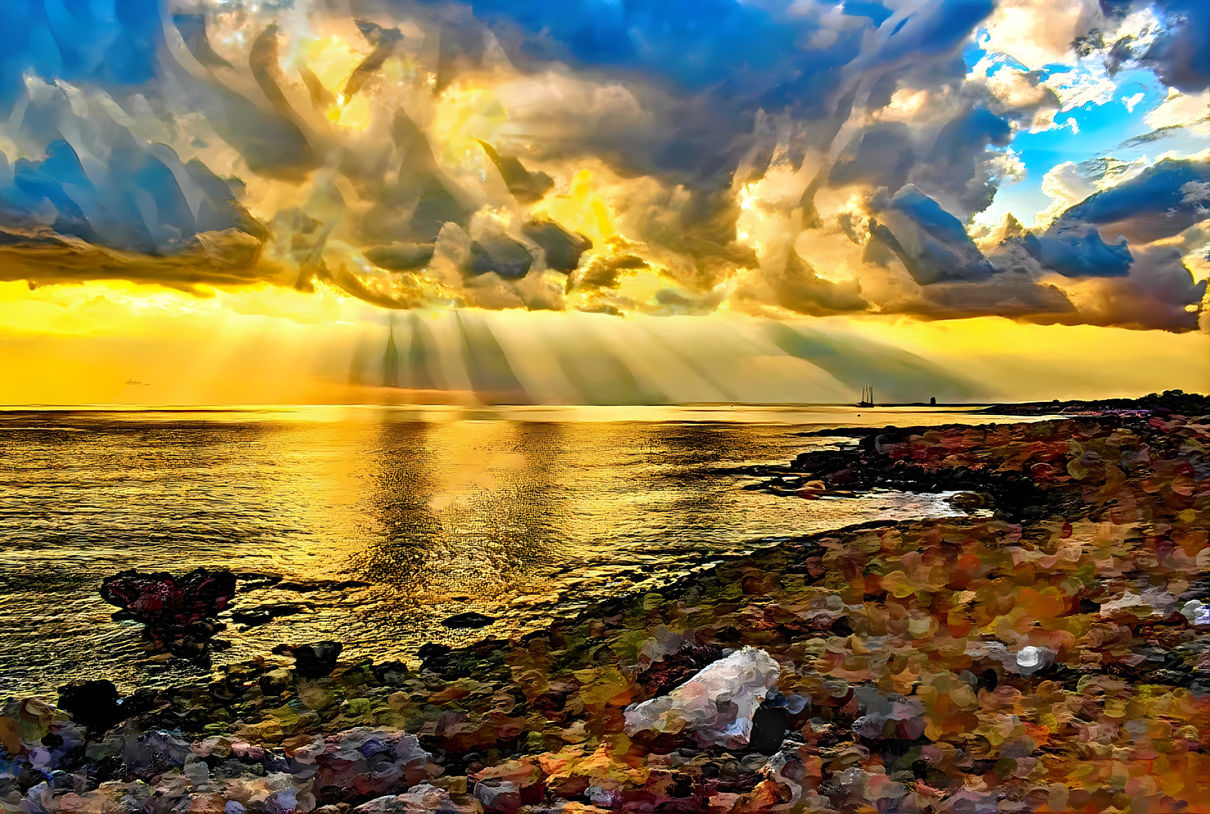 Sunset and Clouds over a rocky beach