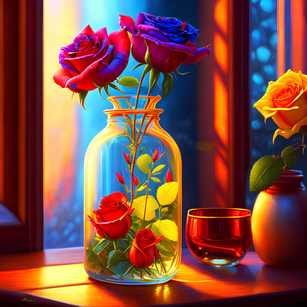 Glass transparent vase and red roses