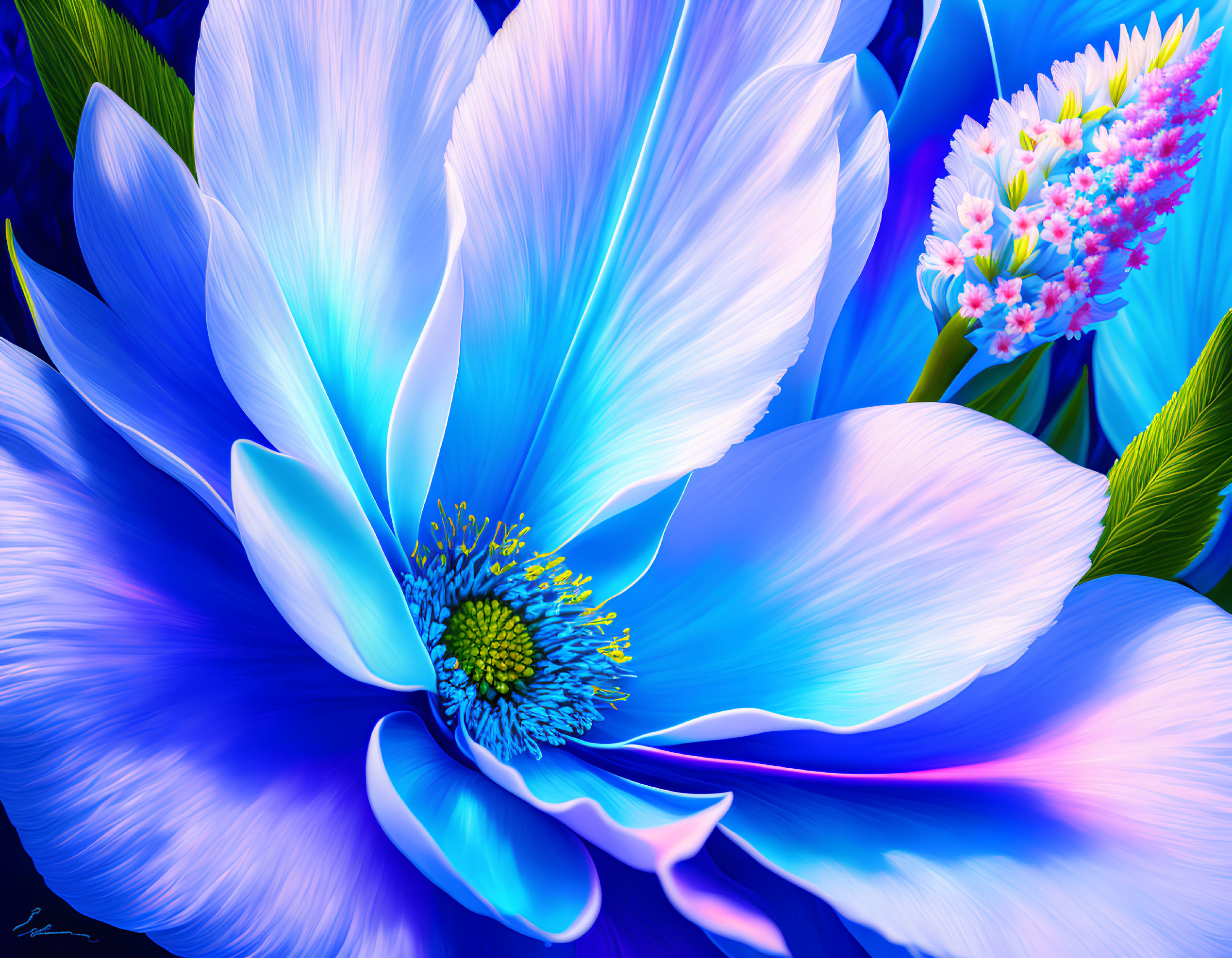 Colorful digital artwork featuring large blue flower with intricate yellow-green center and pink blooms in background
