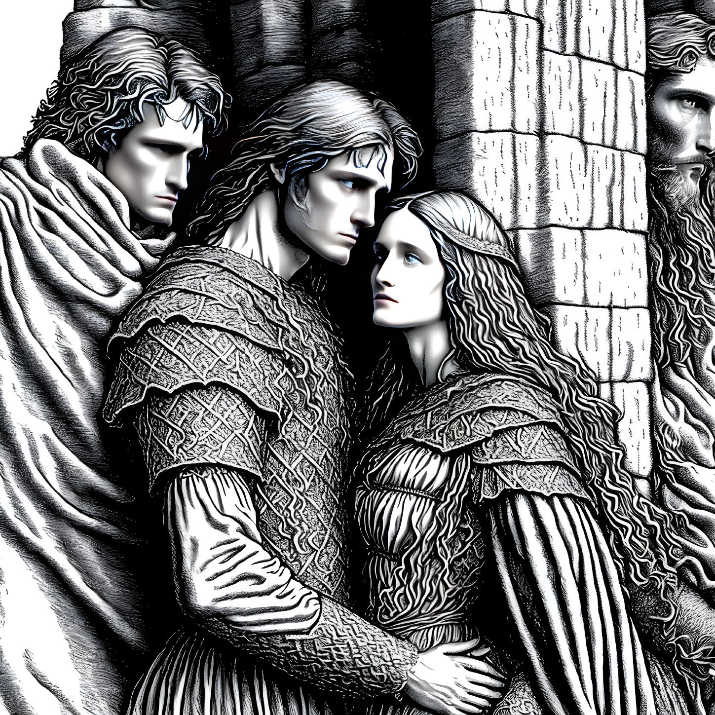 Monochrome medieval characters illustration with intricate armor and flowing hair