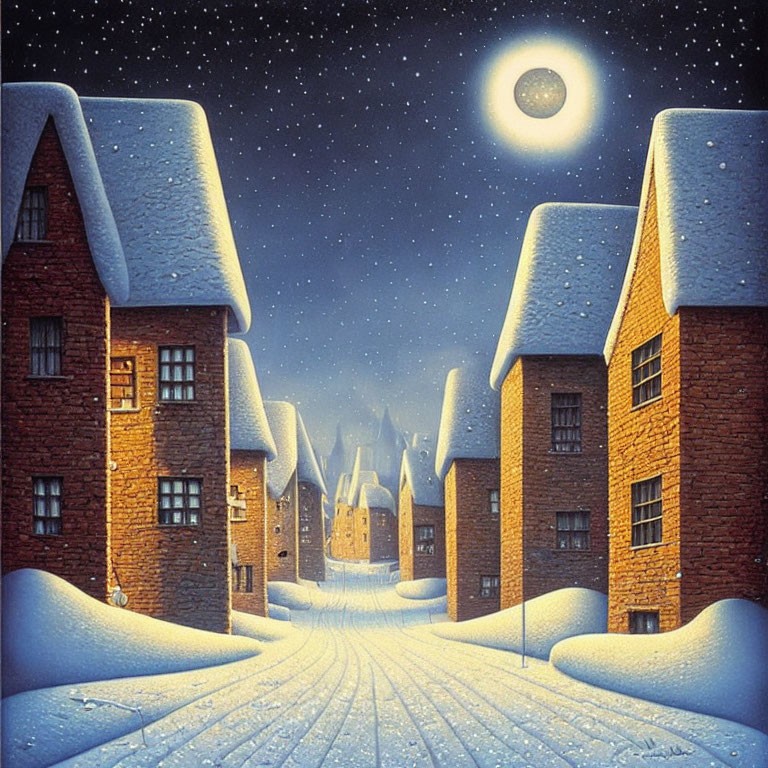 Winter scene: snow-covered street and houses under starry night sky