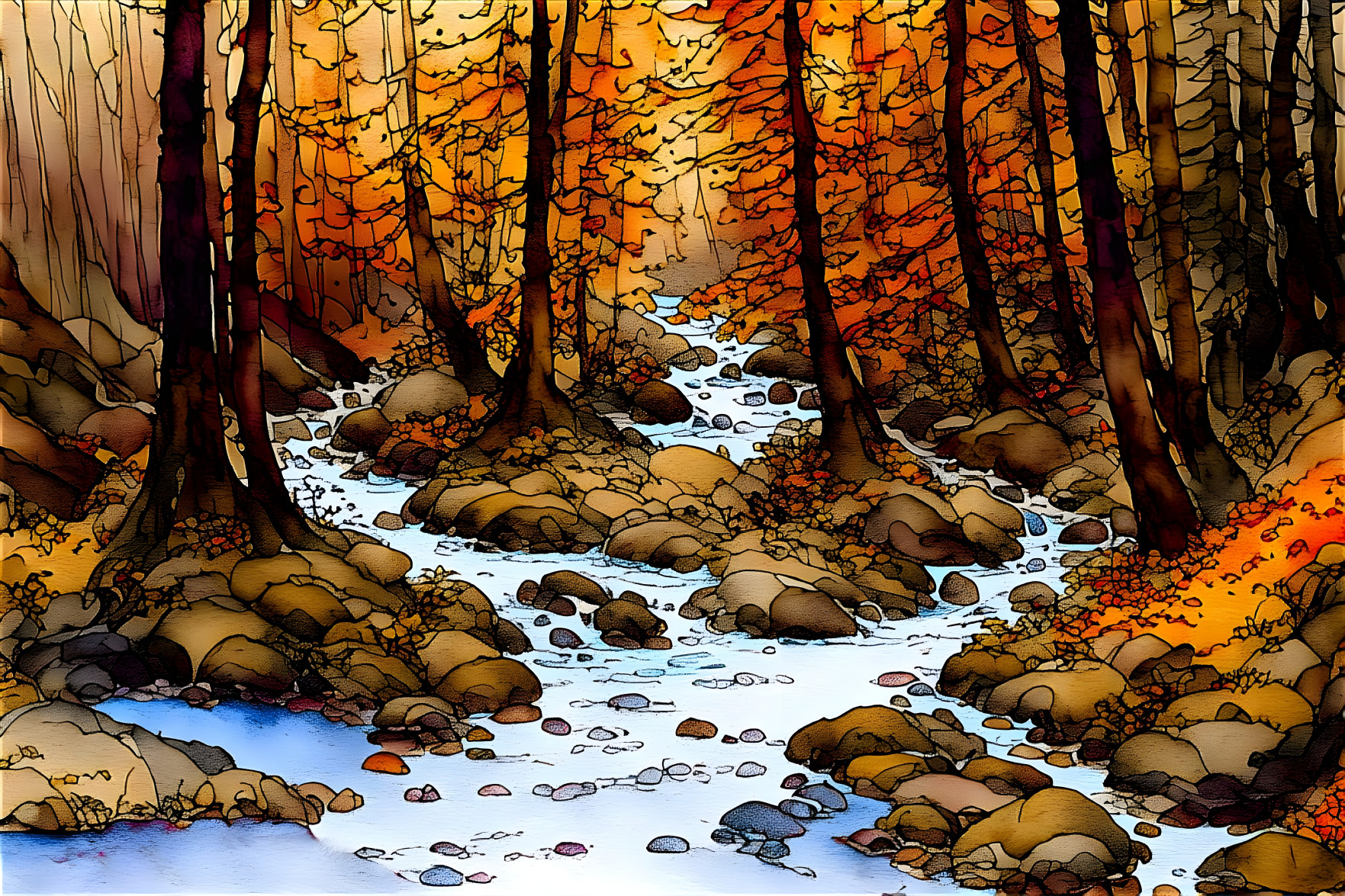 Forest Stream in a Watercolour style II