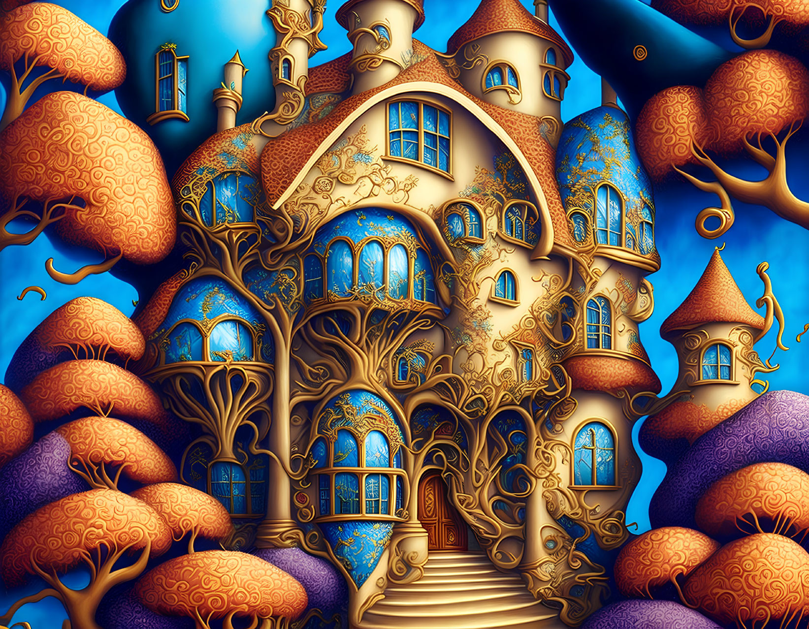Whimsical fantasy illustration of a house with blue roofs and golden tree-like embellishments amidst vibrant oversized