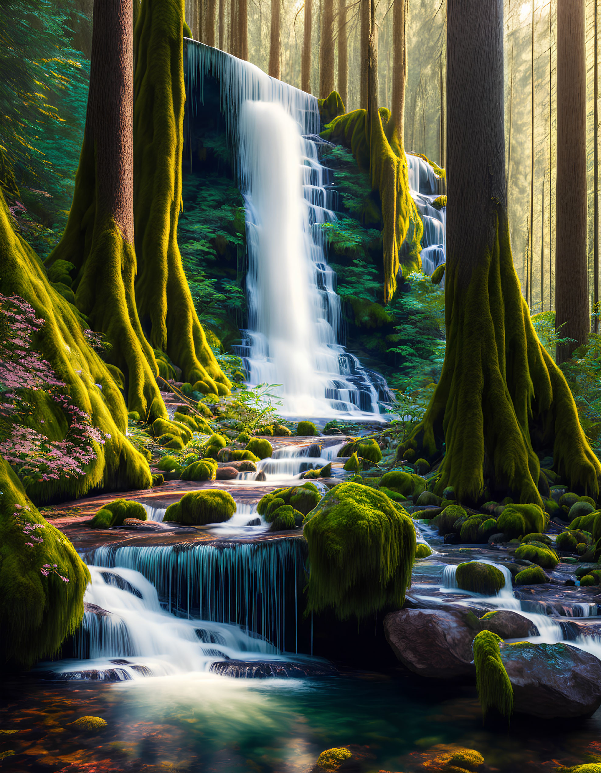 Lush green forest with cascading waterfall and sunlight