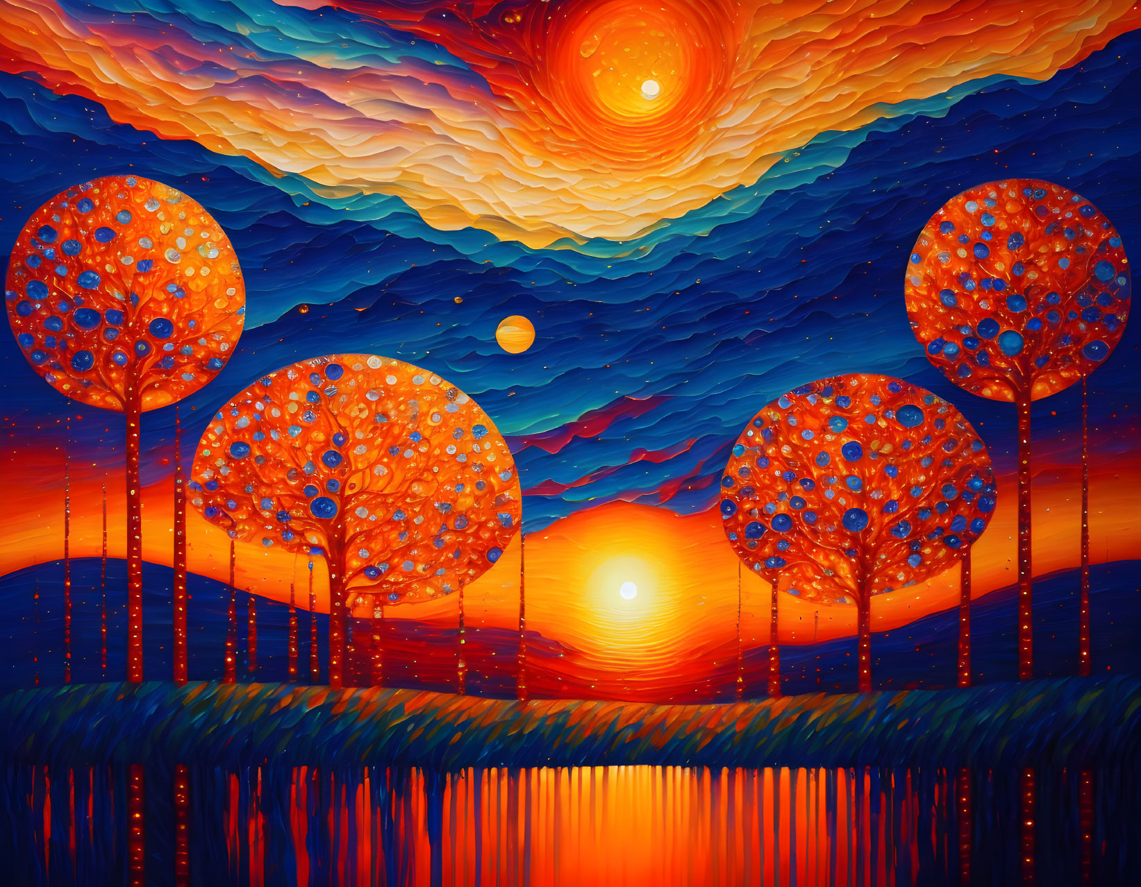 Colorful landscape painting with whimsical trees and fiery sky over water