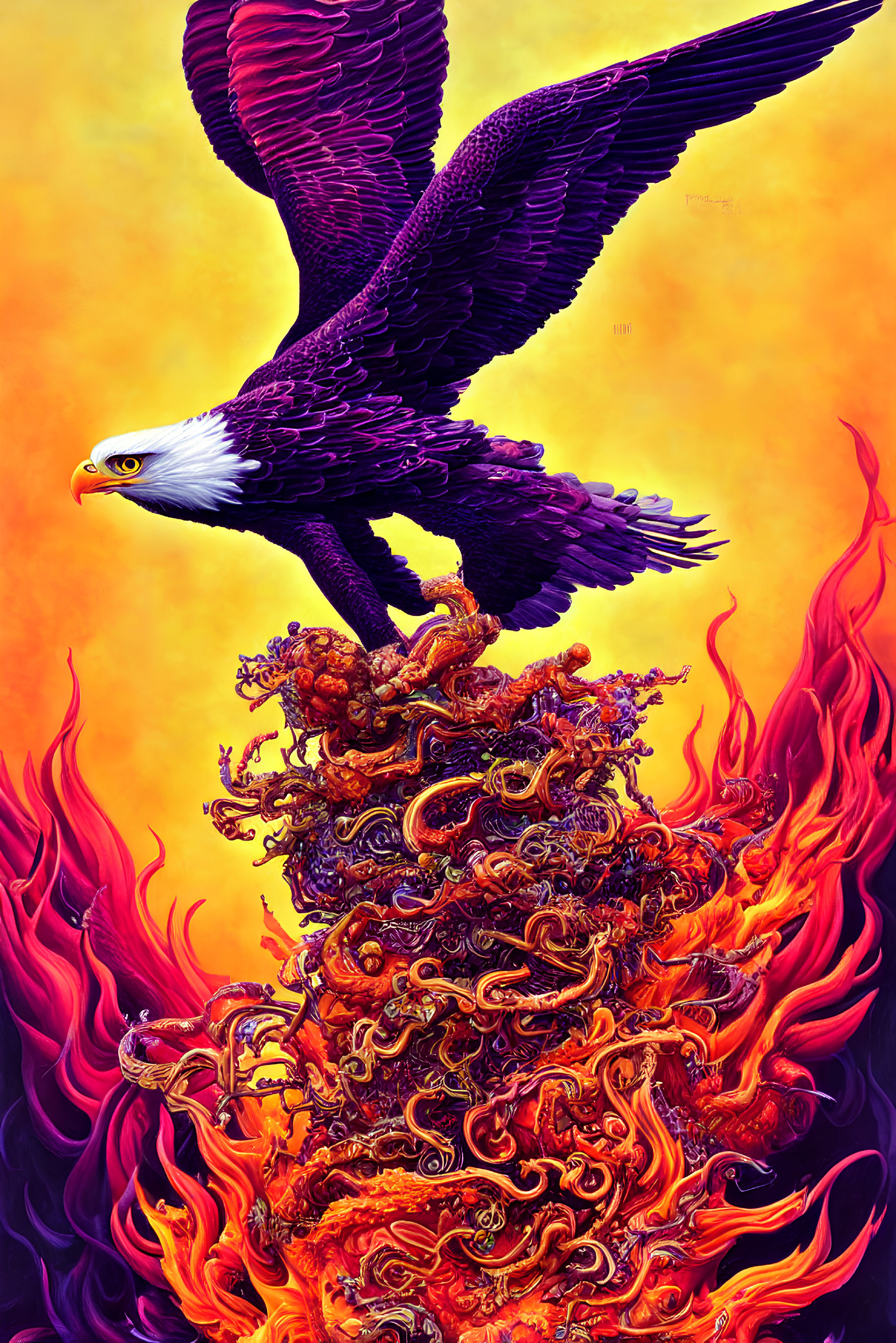 Majestic bald eagle flying over fiery column on yellow background