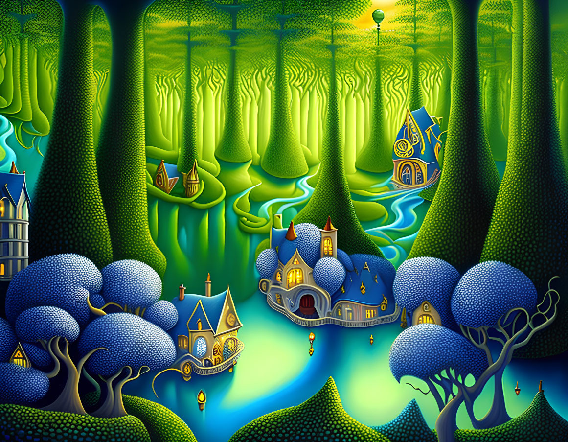 Vibrant blue trees, green hills, and fantastical houses in whimsical landscape