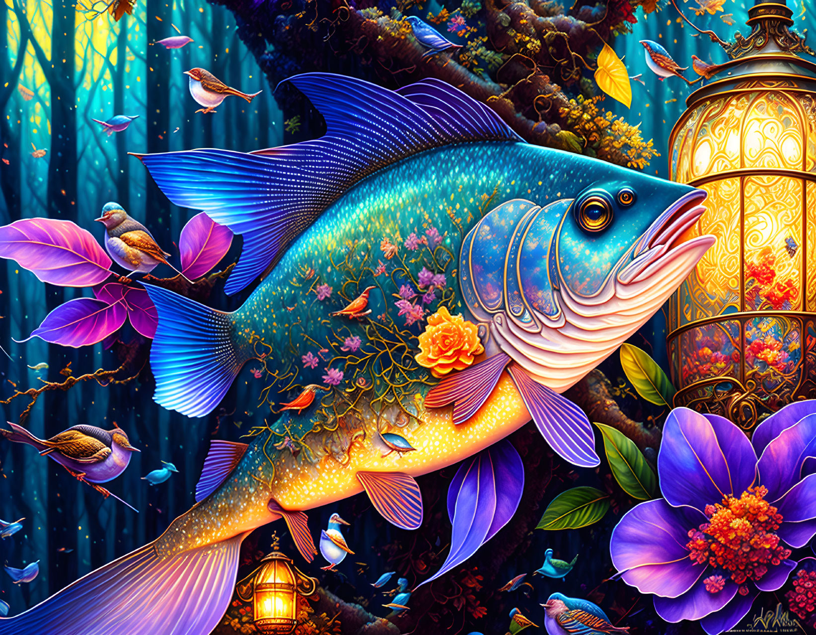 Multicoloured Fish in a forest with lamp
