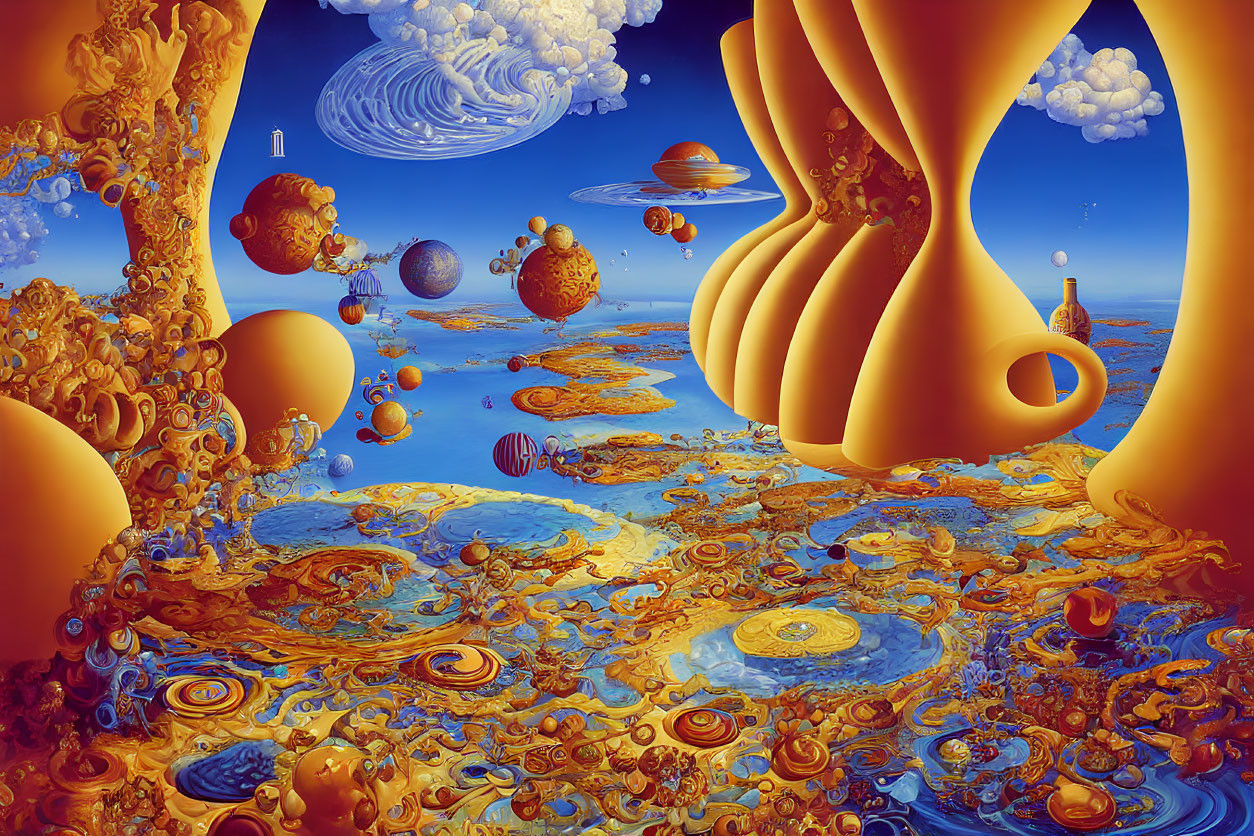 Vibrant surreal landscape with golden arches, planets, and swirling clouds