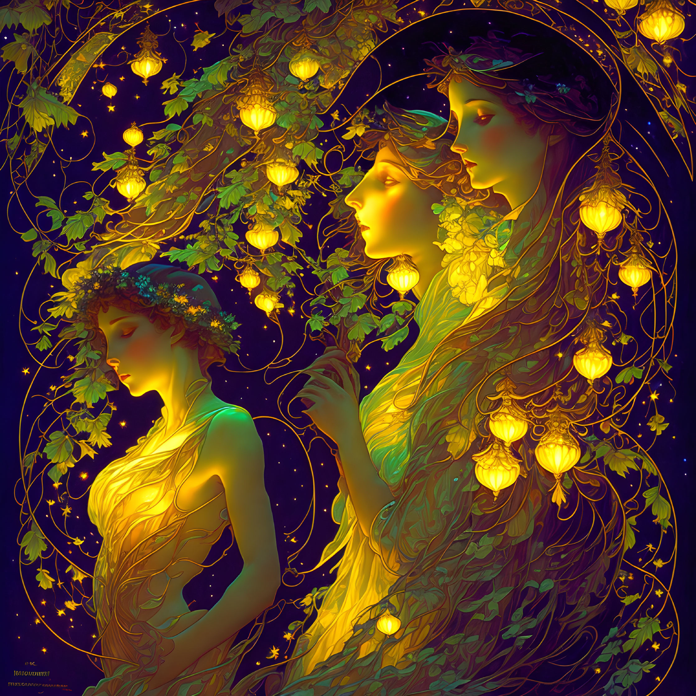 Ethereal women with glowing lanterns in hair, surrounded by vines on starry night.