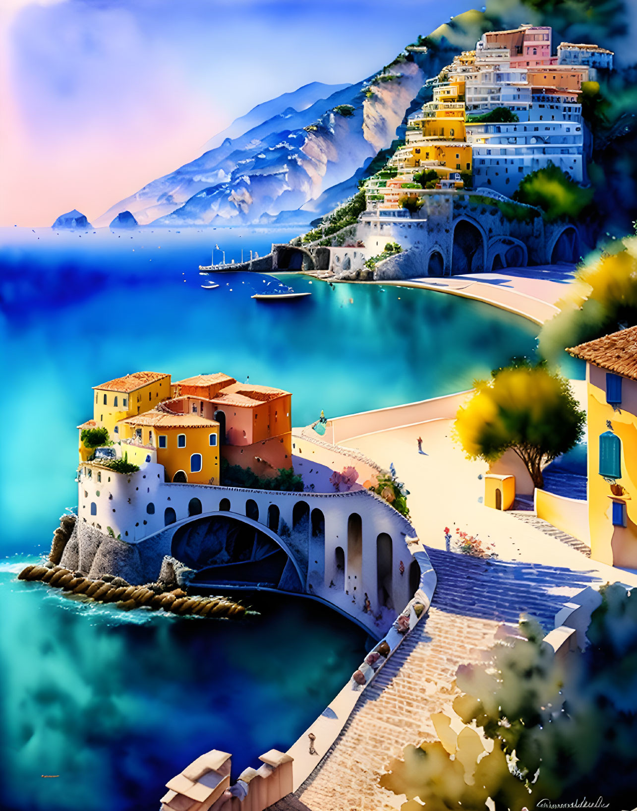 Amalfi coast, Italy, watercolour