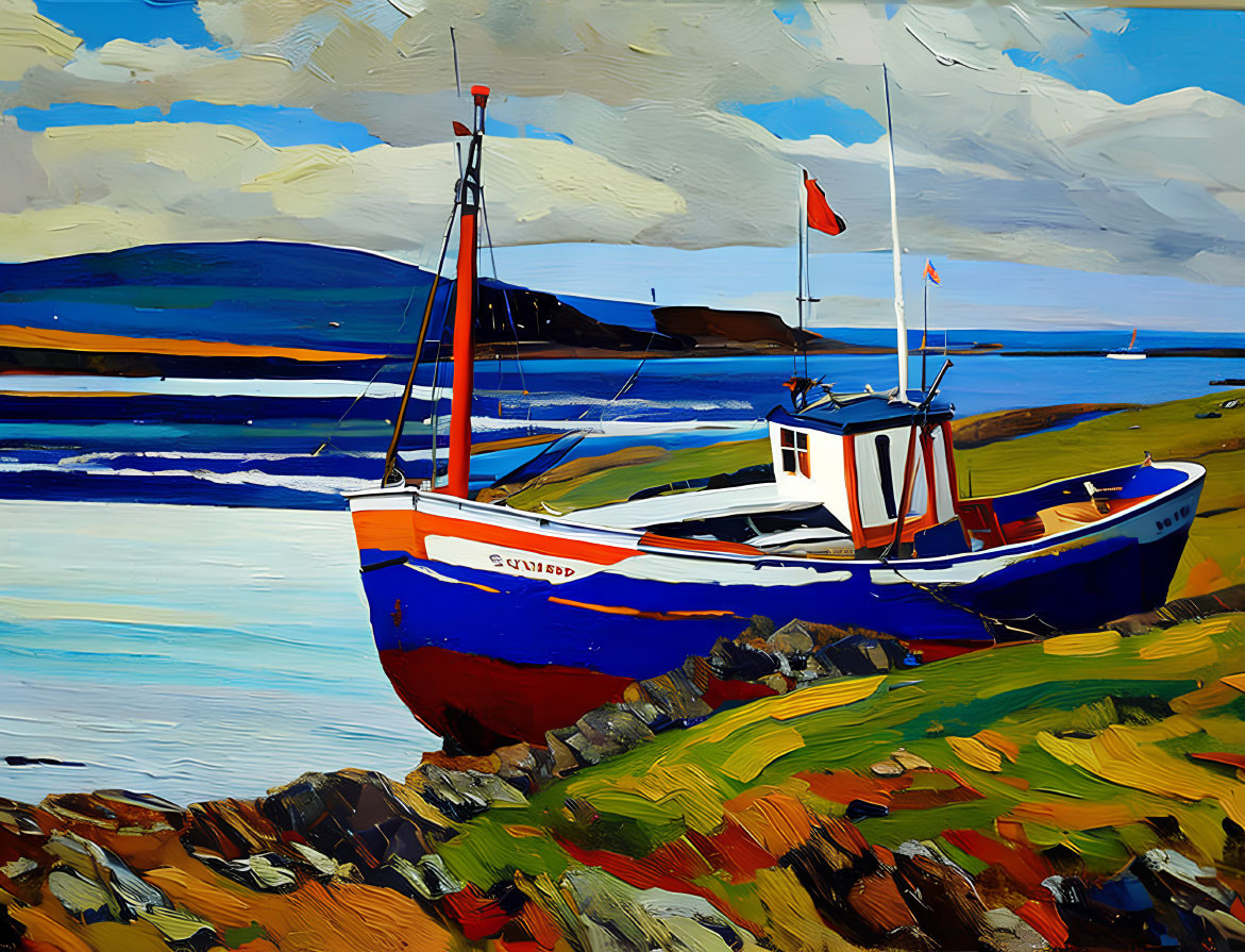Colorful oil painting of blue and red fishing boat on grass by the sea