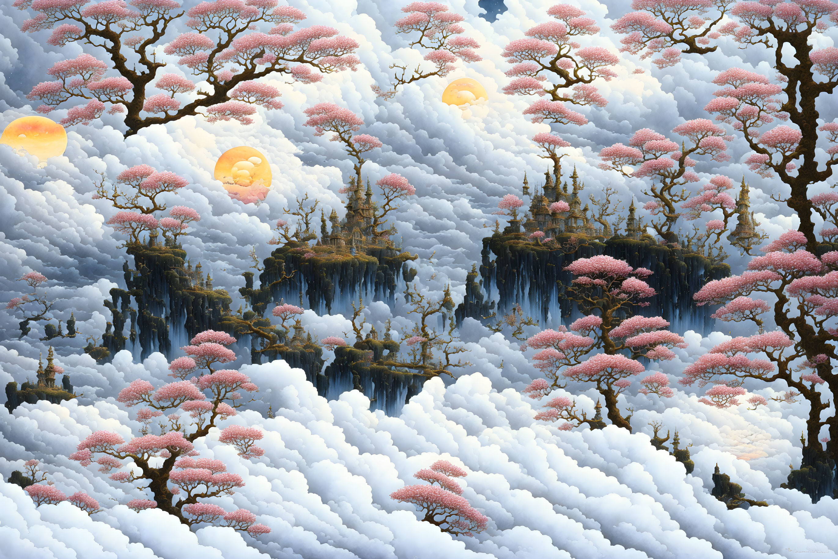 Fantastical landscape with pink trees, floating islands, and glowing orbs